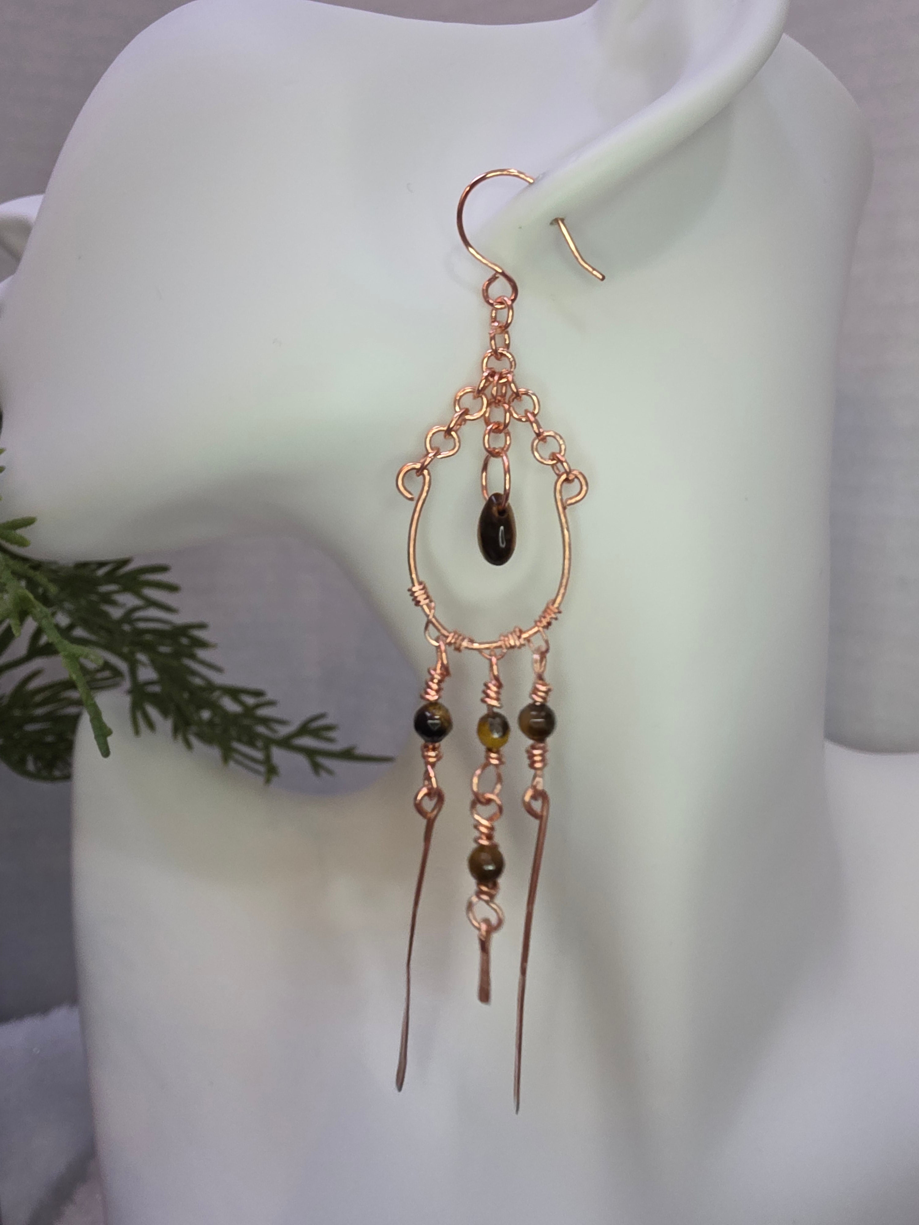 Handmade Copper Chandelier Earrings with Tiger's Eye Beads, Teardrop and Copper Hammered Dangles