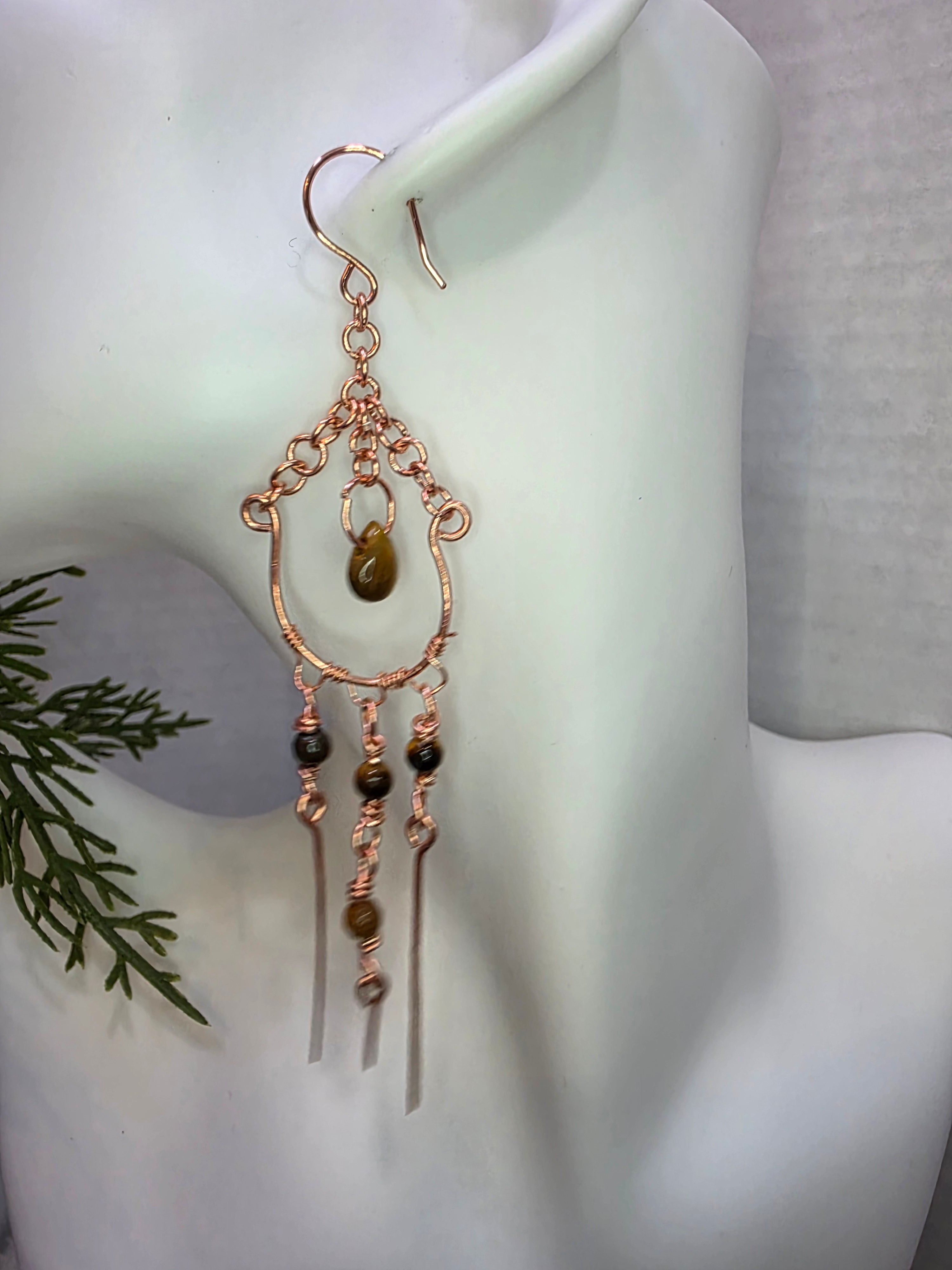 Handmade Copper Chandelier Earrings with Tiger's Eye Beads, Teardrop and Copper Hammered Dangles