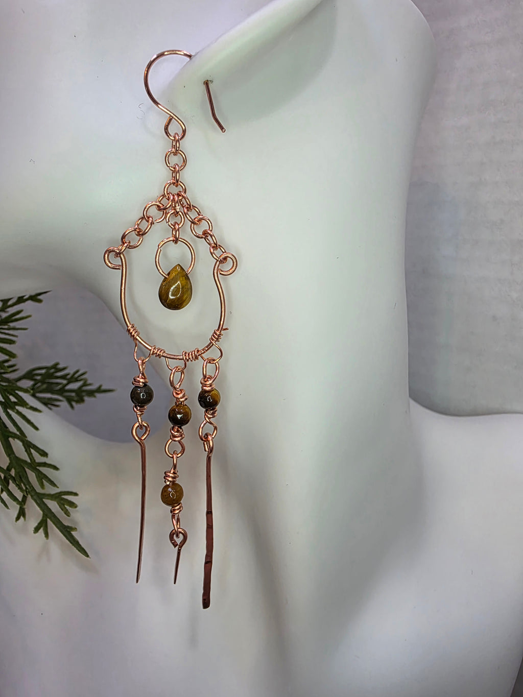 Handmade Copper Chandelier Earrings with Tiger's Eye Beads, Teardrop and Copper Hammered Dangles