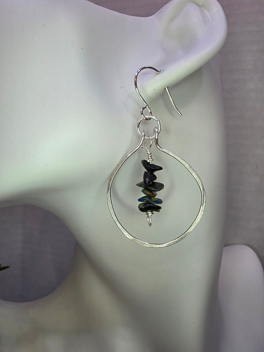 Handmade Sterling Silver Black Opal Chip Drop Hammered Hoop Earrings