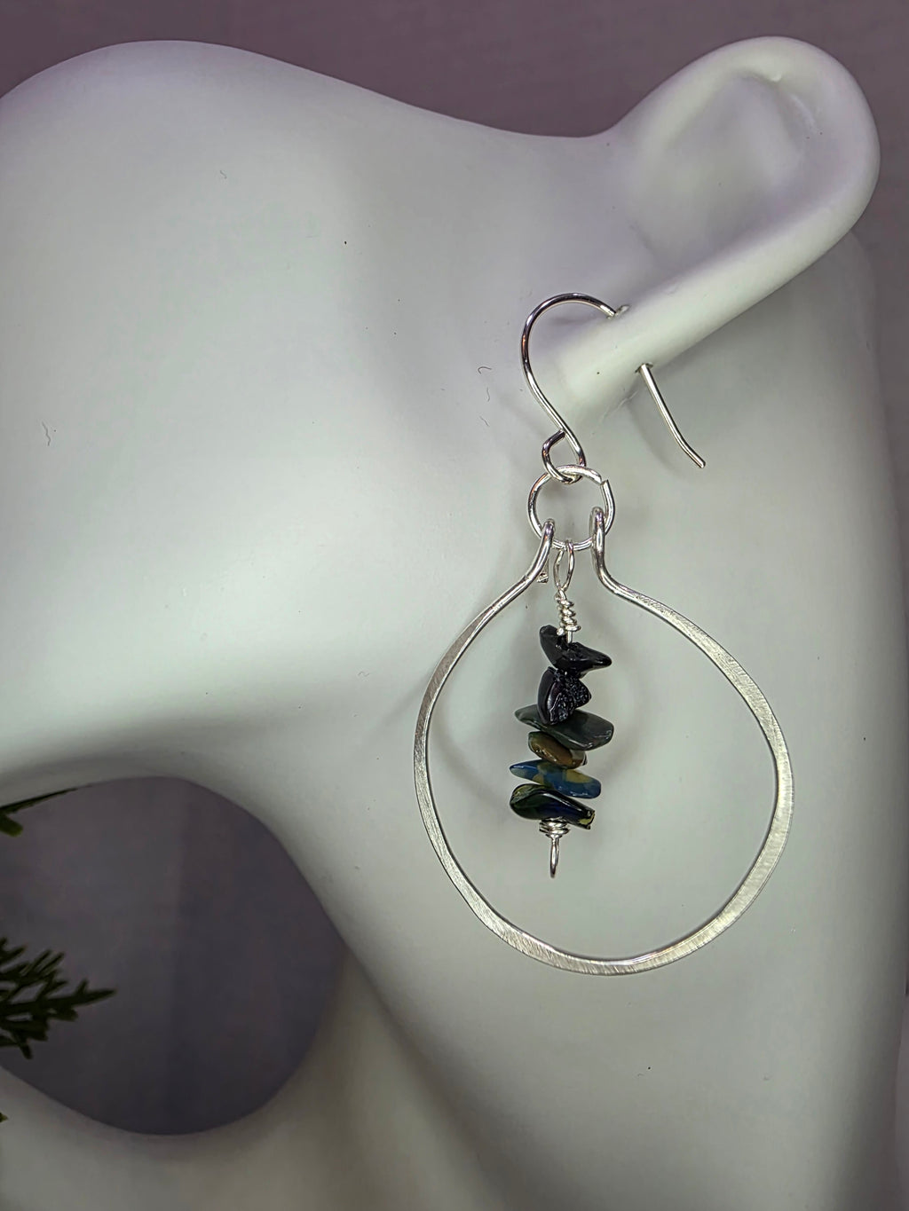 Handmade Sterling Silver Black Opal Chip Drop Hammered Hoop Earrings