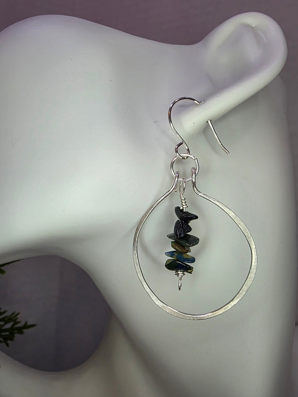 Handmade Sterling Silver Black Opal Chip Drop Hammered Hoop Earrings