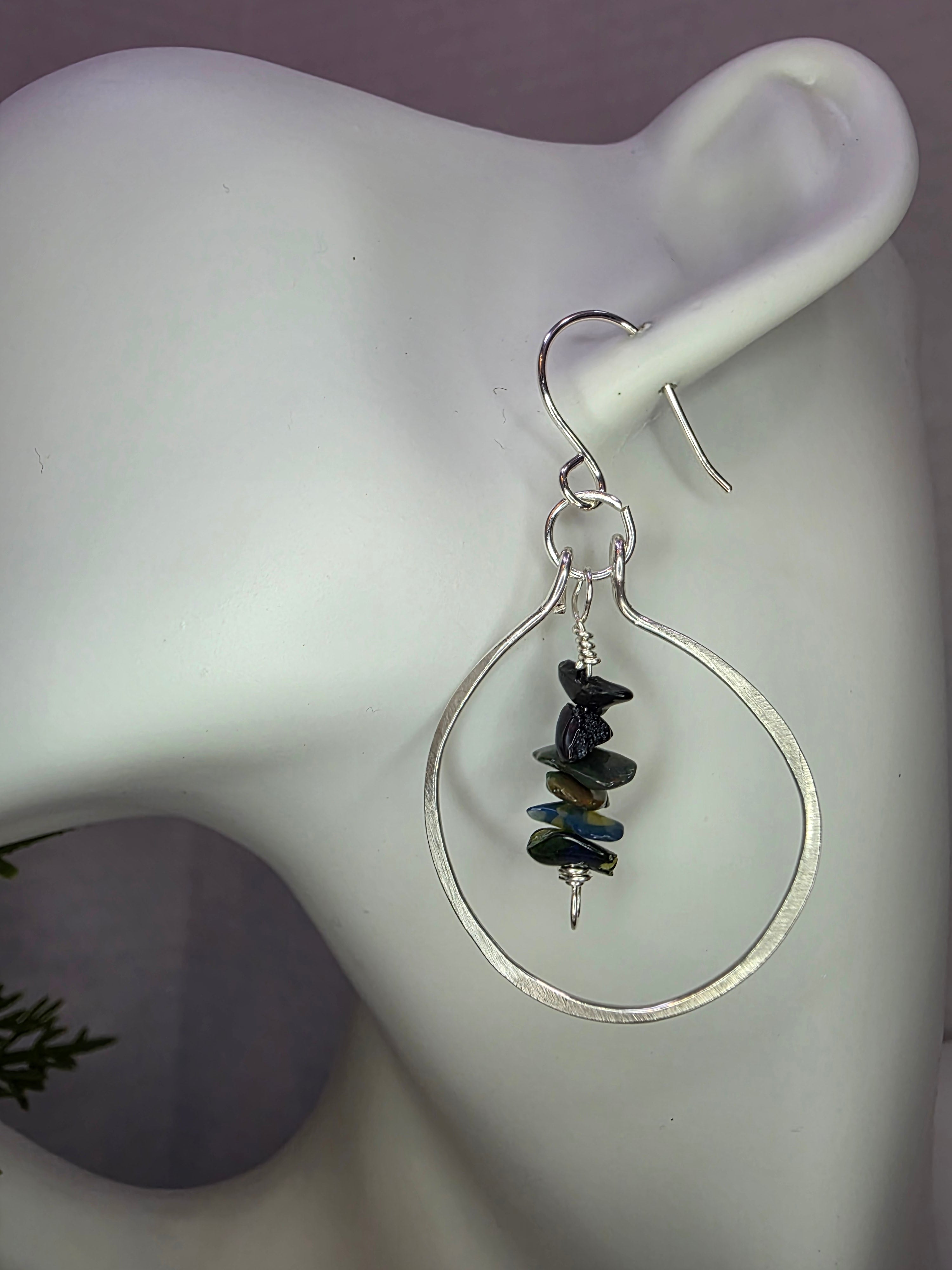 Handmade Sterling Silver Black Opal Chip Drop Hammered Hoop Earrings