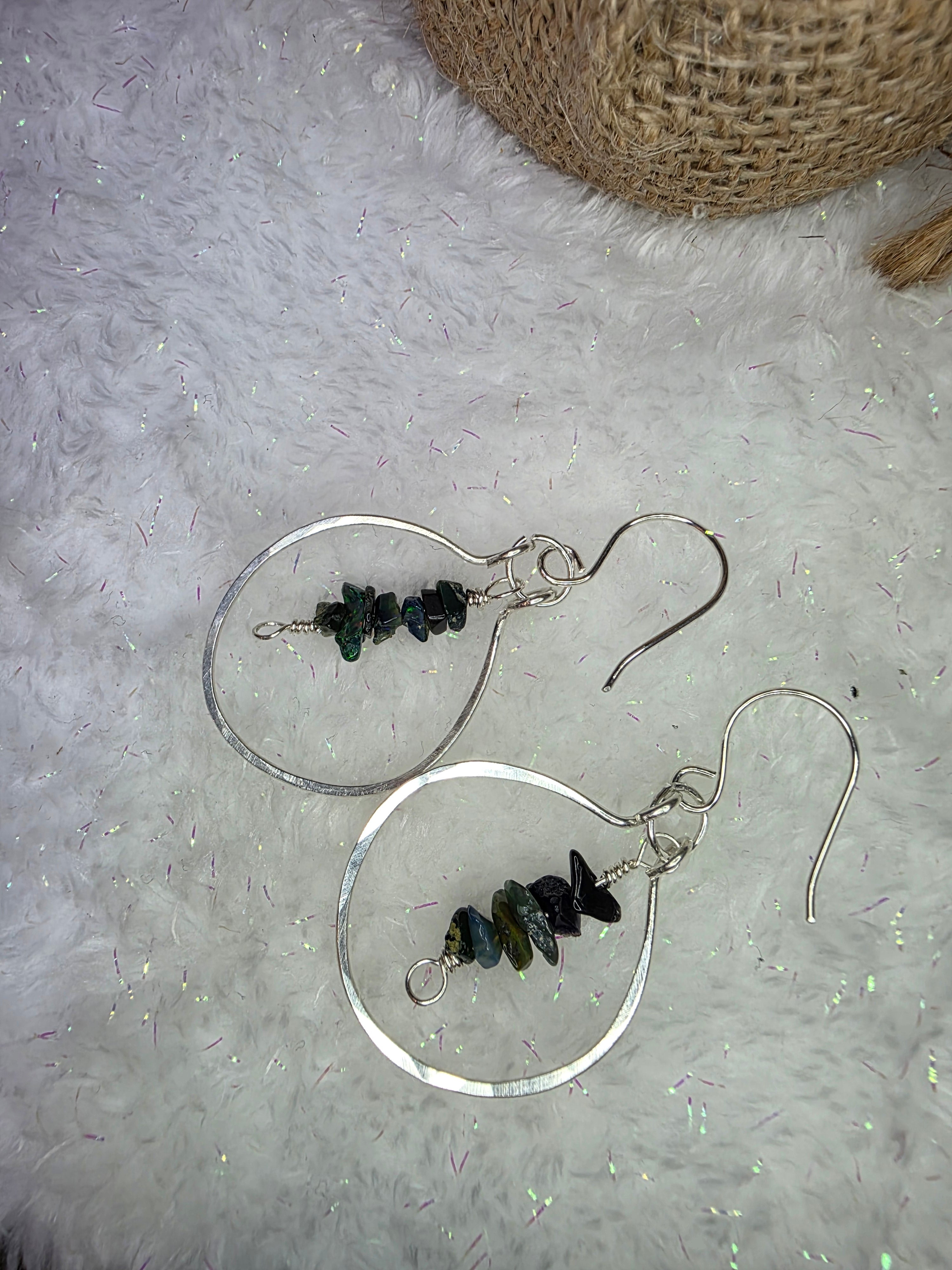 Handmade Sterling Silver Black Opal Chip Drop Hammered Hoop Earrings