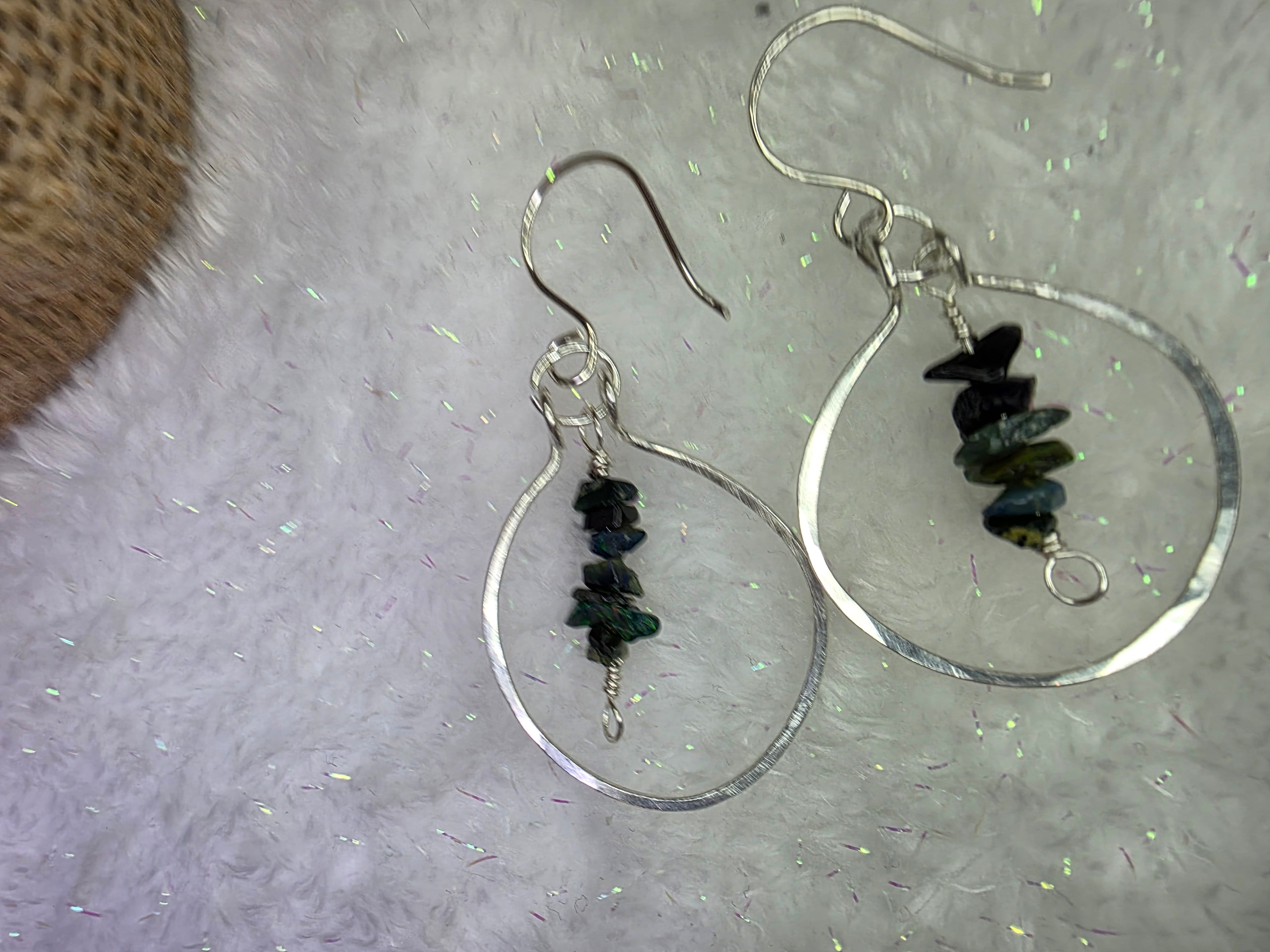 Handmade Sterling Silver Black Opal Chip Drop Hammered Hoop Earrings