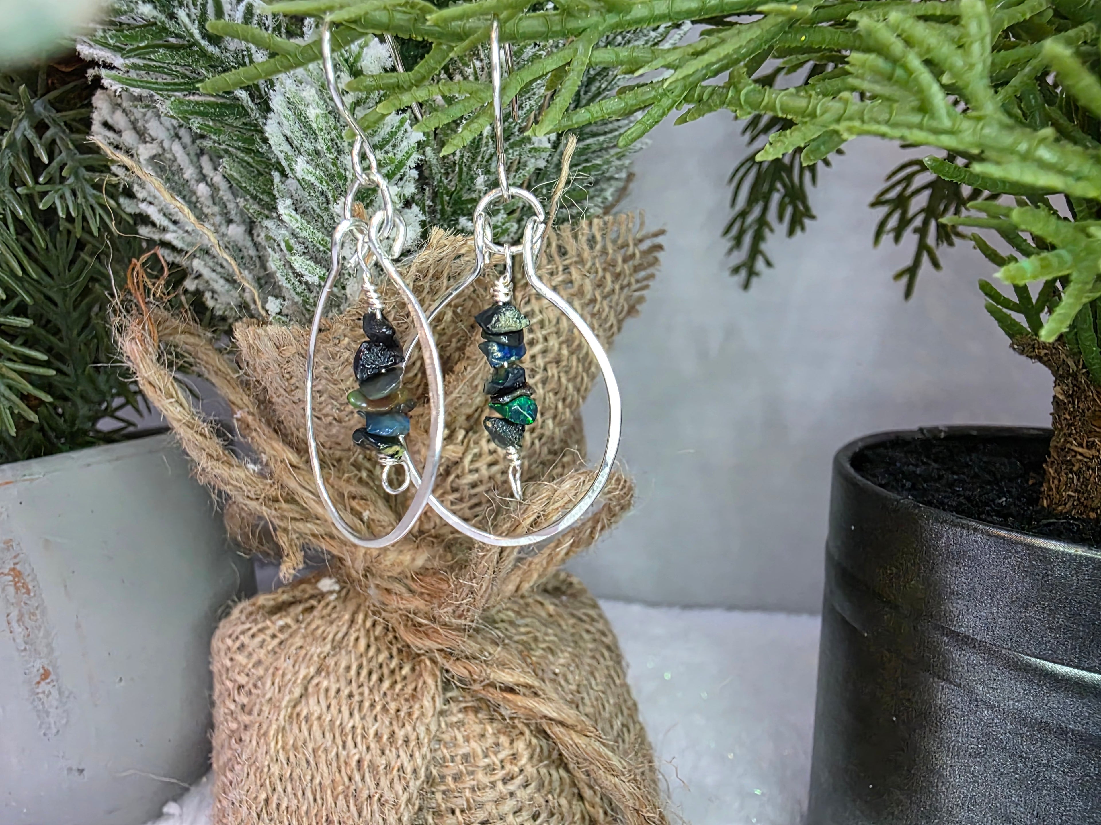 Handmade Sterling Silver Black Opal Chip Drop Hammered Hoop Earrings