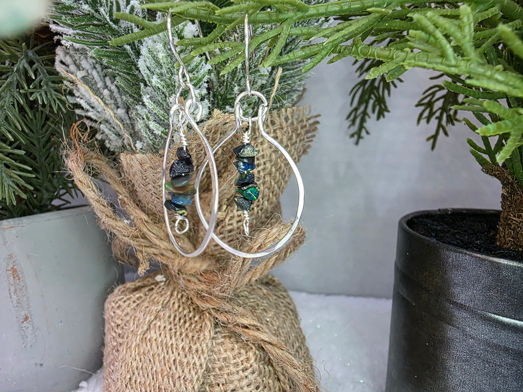 Handmade Sterling Silver Black Opal Chip Drop Hammered Hoop Earrings