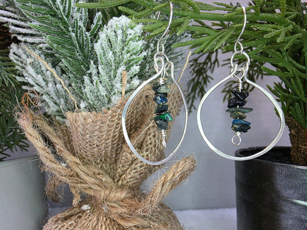 Handmade Sterling Silver Black Opal Chip Drop Hammered Hoop Earrings