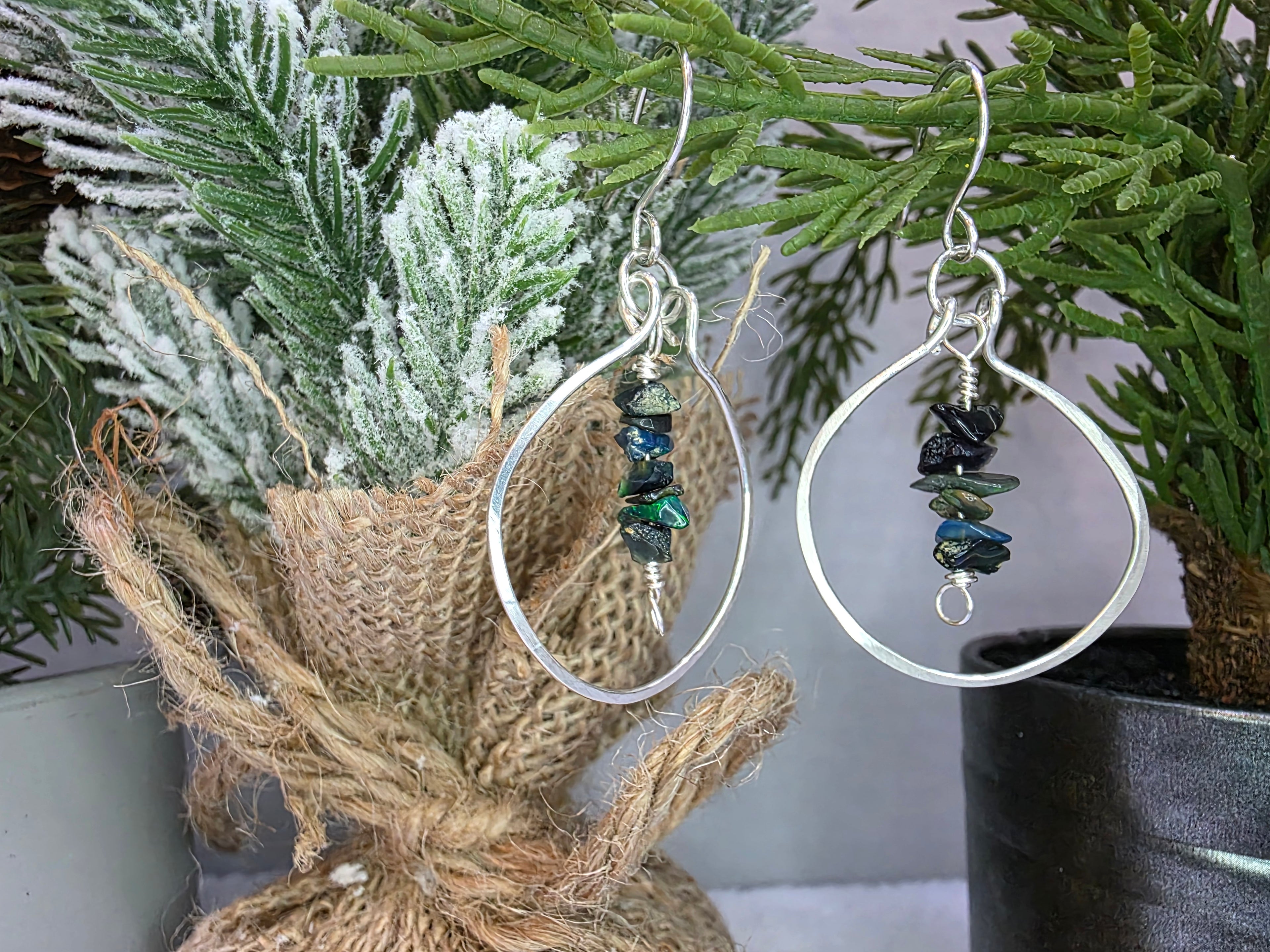 Handmade Sterling Silver Black Opal Chip Drop Hammered Hoop Earrings