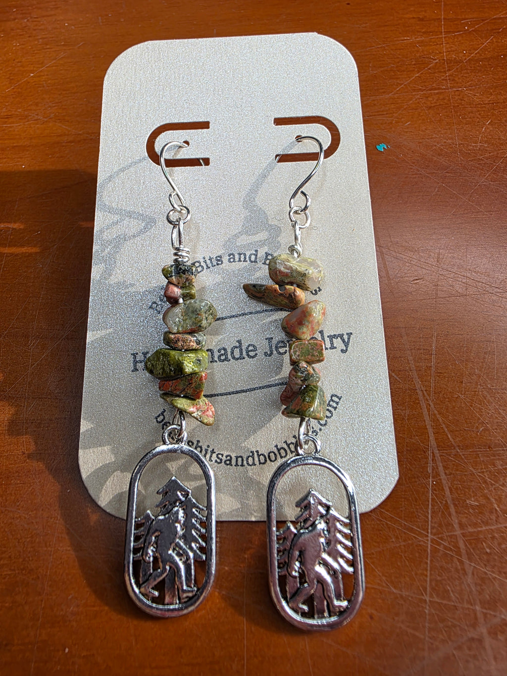 Cryptid Sasquatch Bigfoot Sterling Silver Unakite Chip Earrings