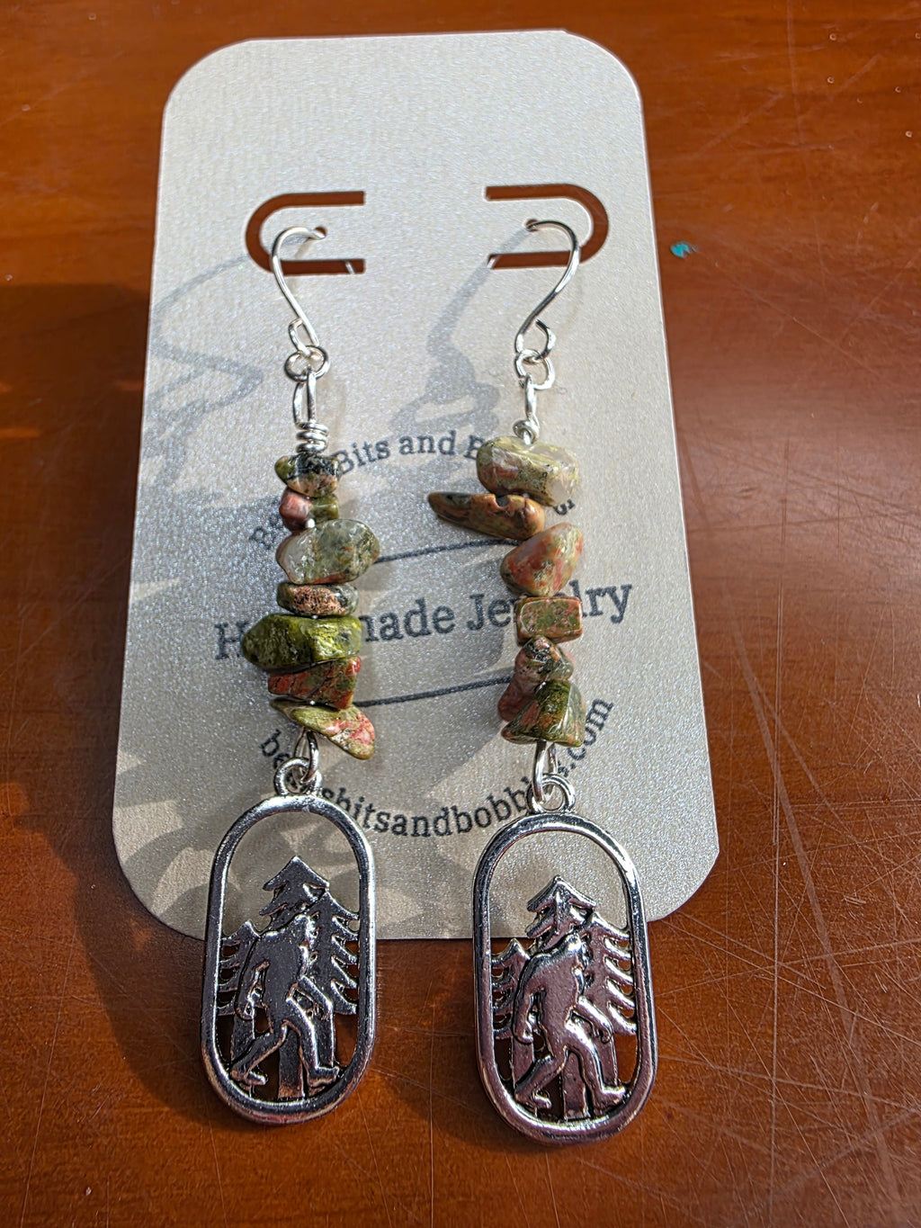 Cryptid Sasquatch Bigfoot Sterling Silver Unakite Chip Earrings