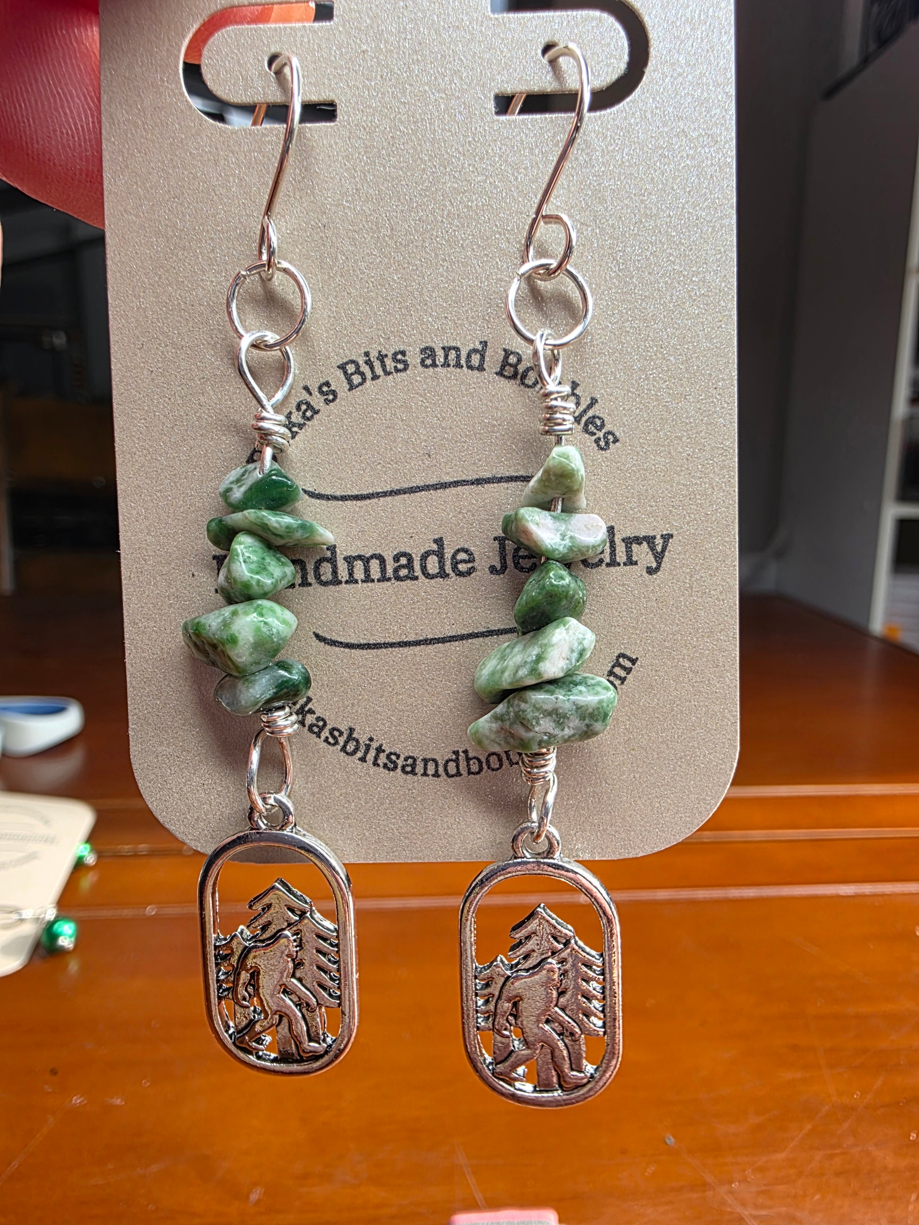 Cryptid Sasquatch Bigfoot Sterling Silver Moss Agate Chip Earrings