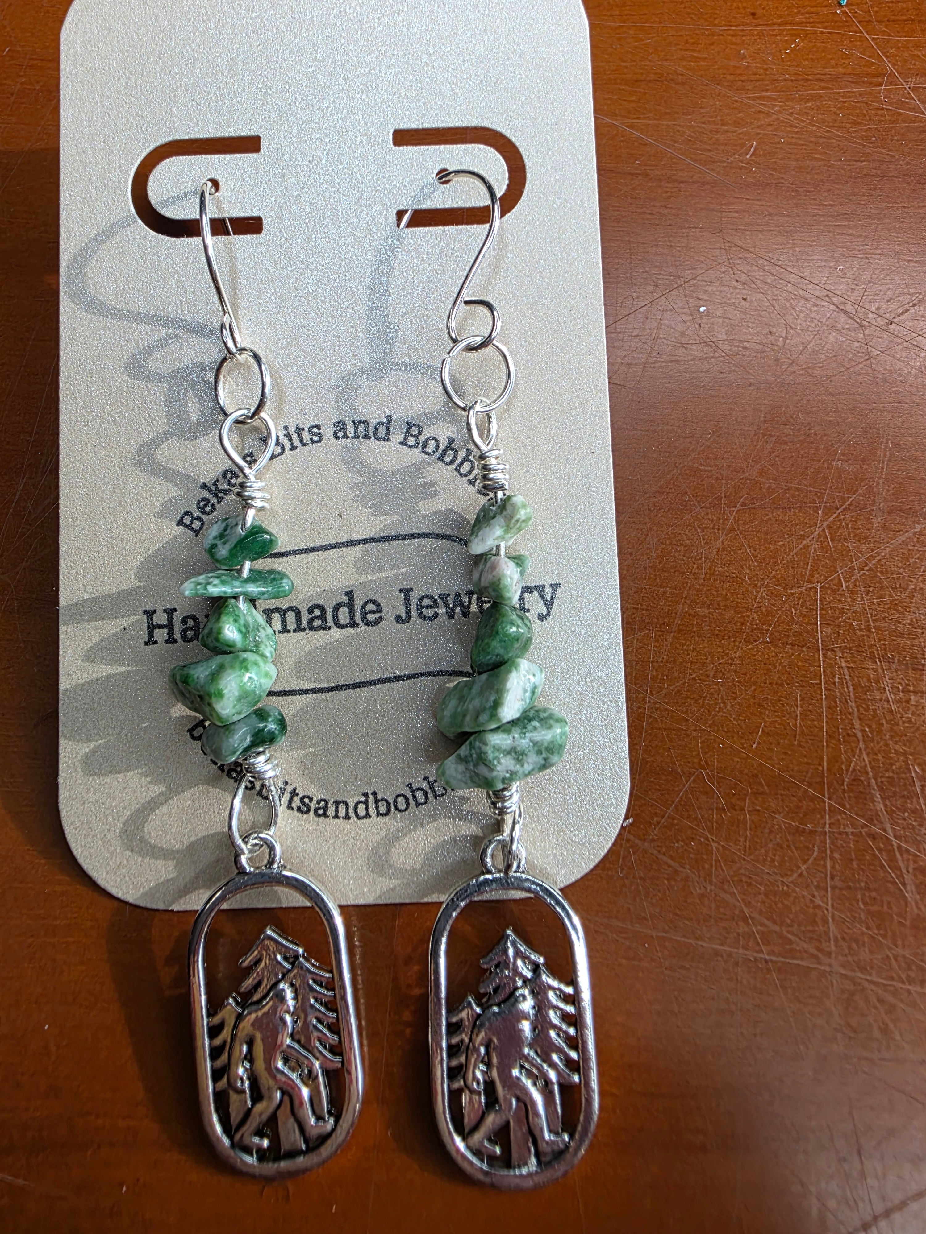 Cryptid Sasquatch Bigfoot Sterling Silver Moss Agate Chip Earrings