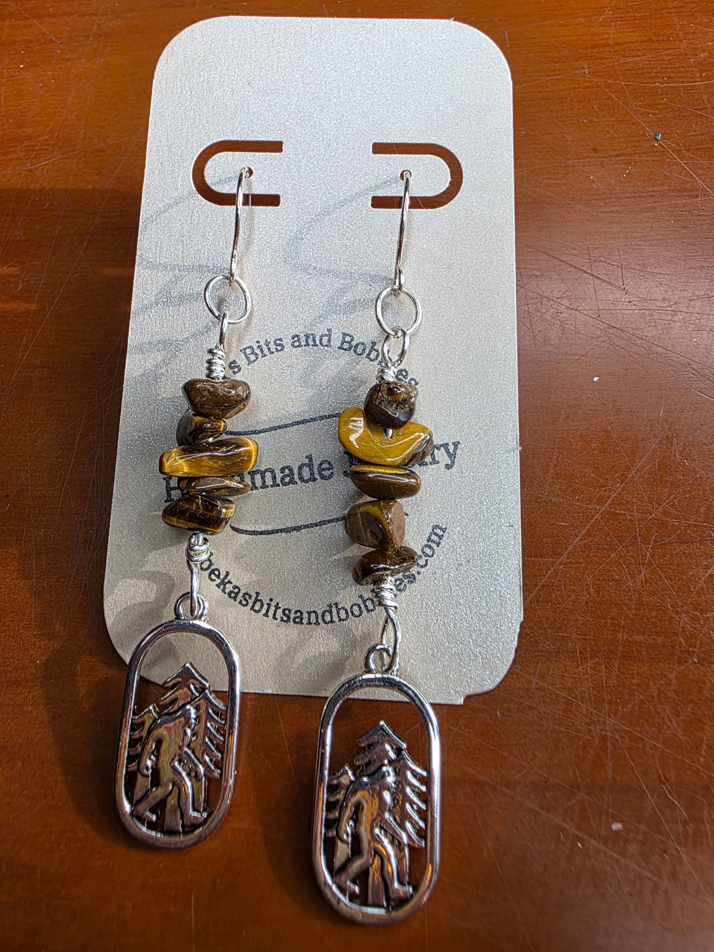Cryptid Sasquatch Bigfoot Sterling Silver Tiger's Eye Chip Earrings