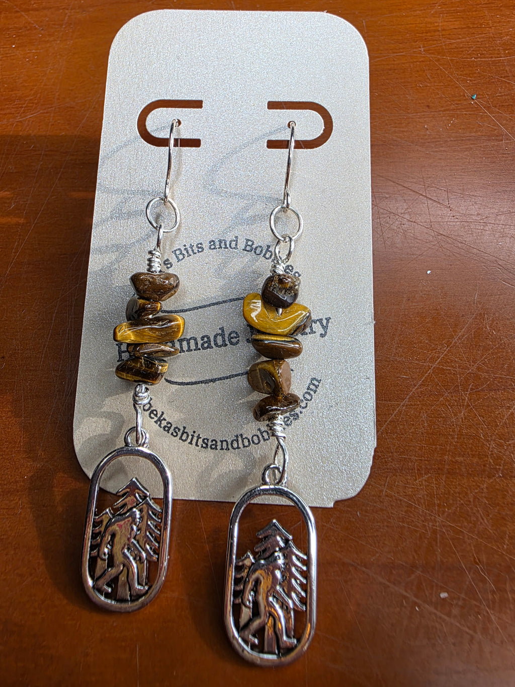 Cryptid Sasquatch Bigfoot Sterling Silver Tiger's Eye Chip Earrings