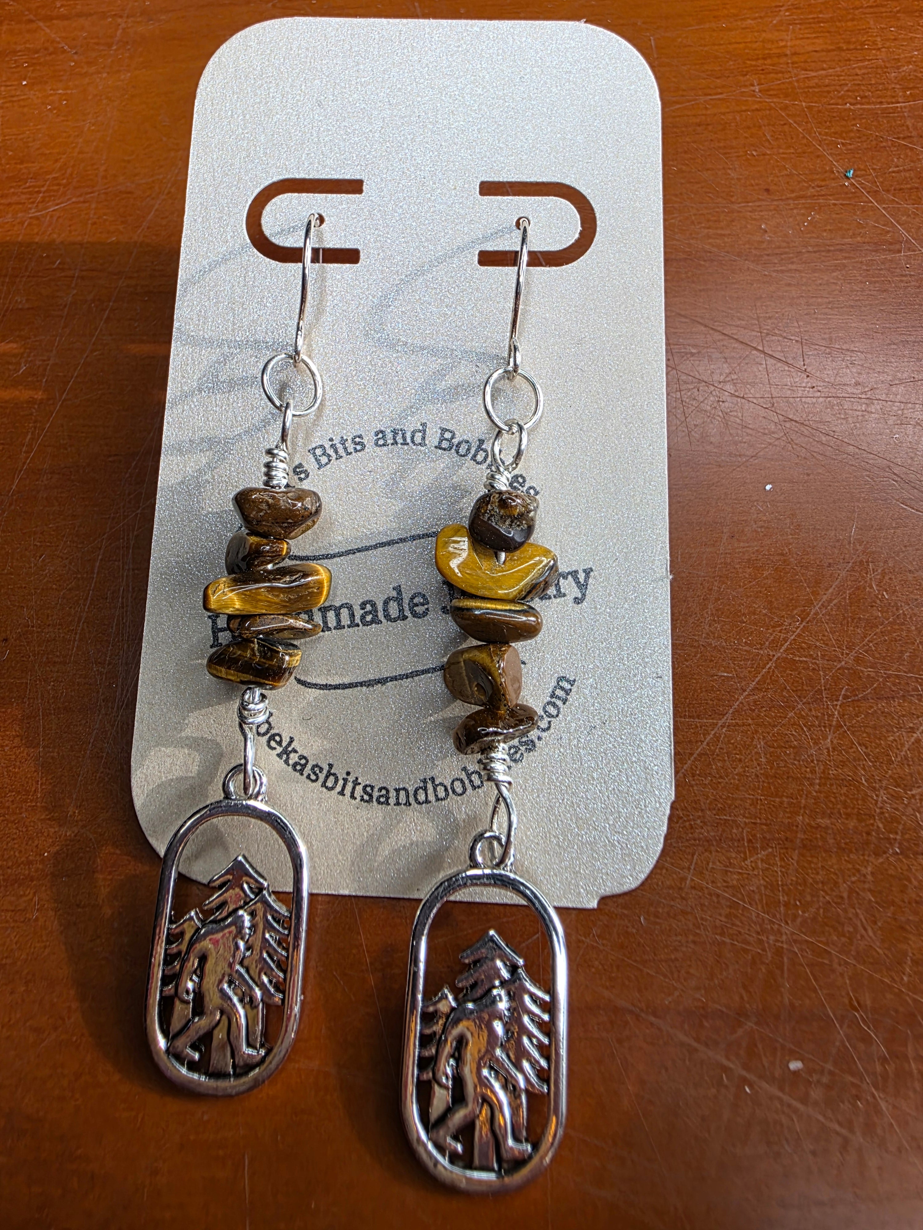 Cryptid Sasquatch Bigfoot Sterling Silver Tiger's Eye Chip Earrings