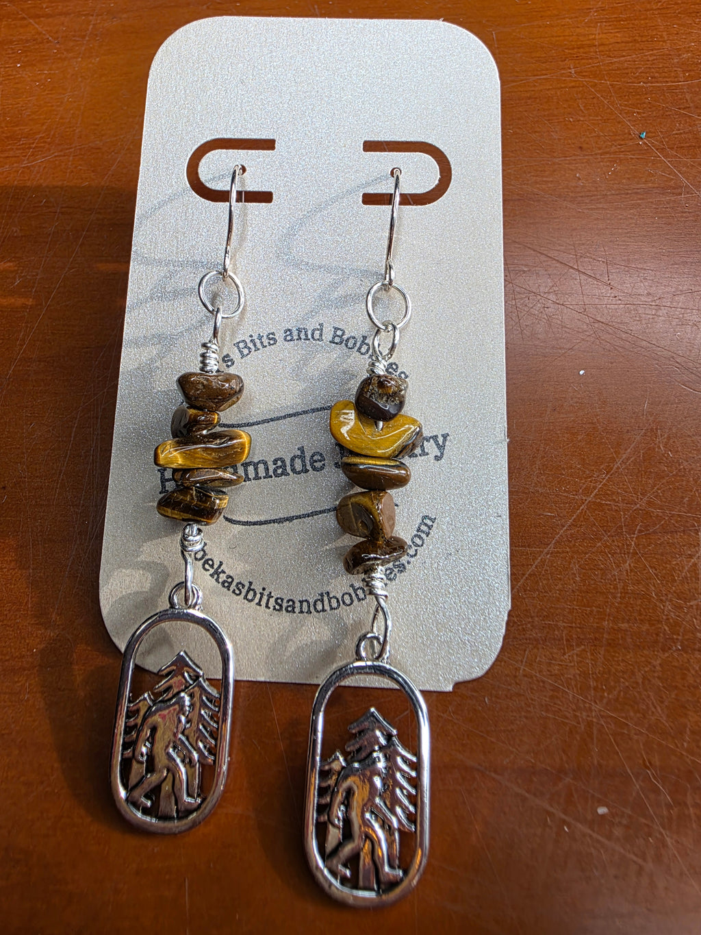 Cryptid Sasquatch Bigfoot Sterling Silver Tiger's Eye Chip Earrings