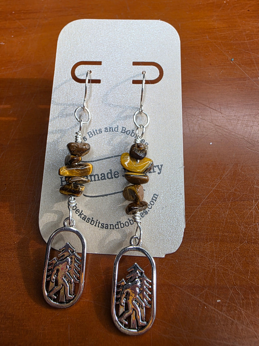 Cryptid Sasquatch Bigfoot Sterling Silver Tiger's Eye Chip Earrings