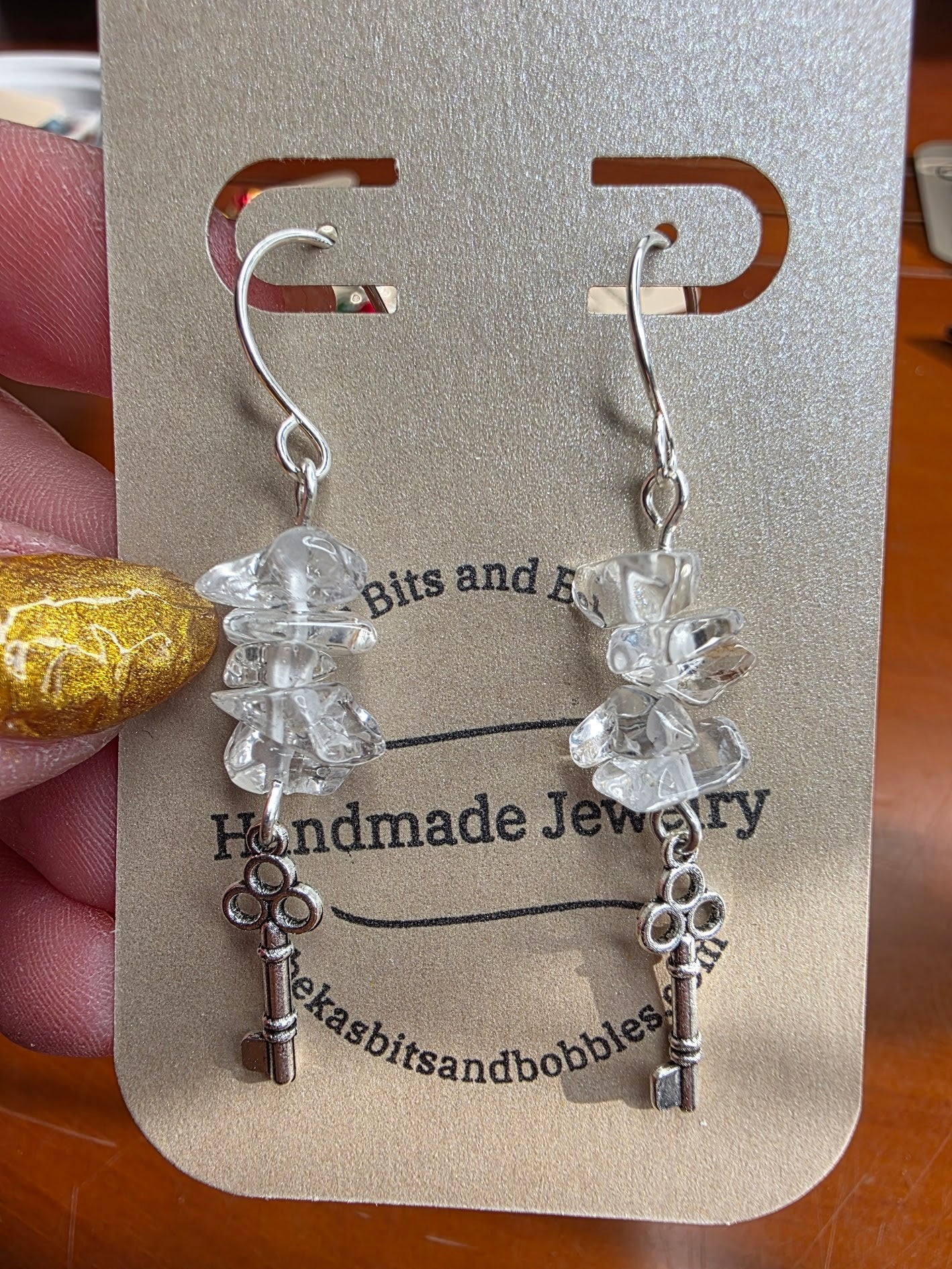 Clear Quartz Chip Earrings on Sterling Silver Wire with Key Charms