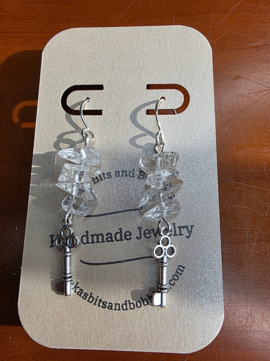 Clear Quartz Chip Earrings on Sterling Silver Wire with Key Charms