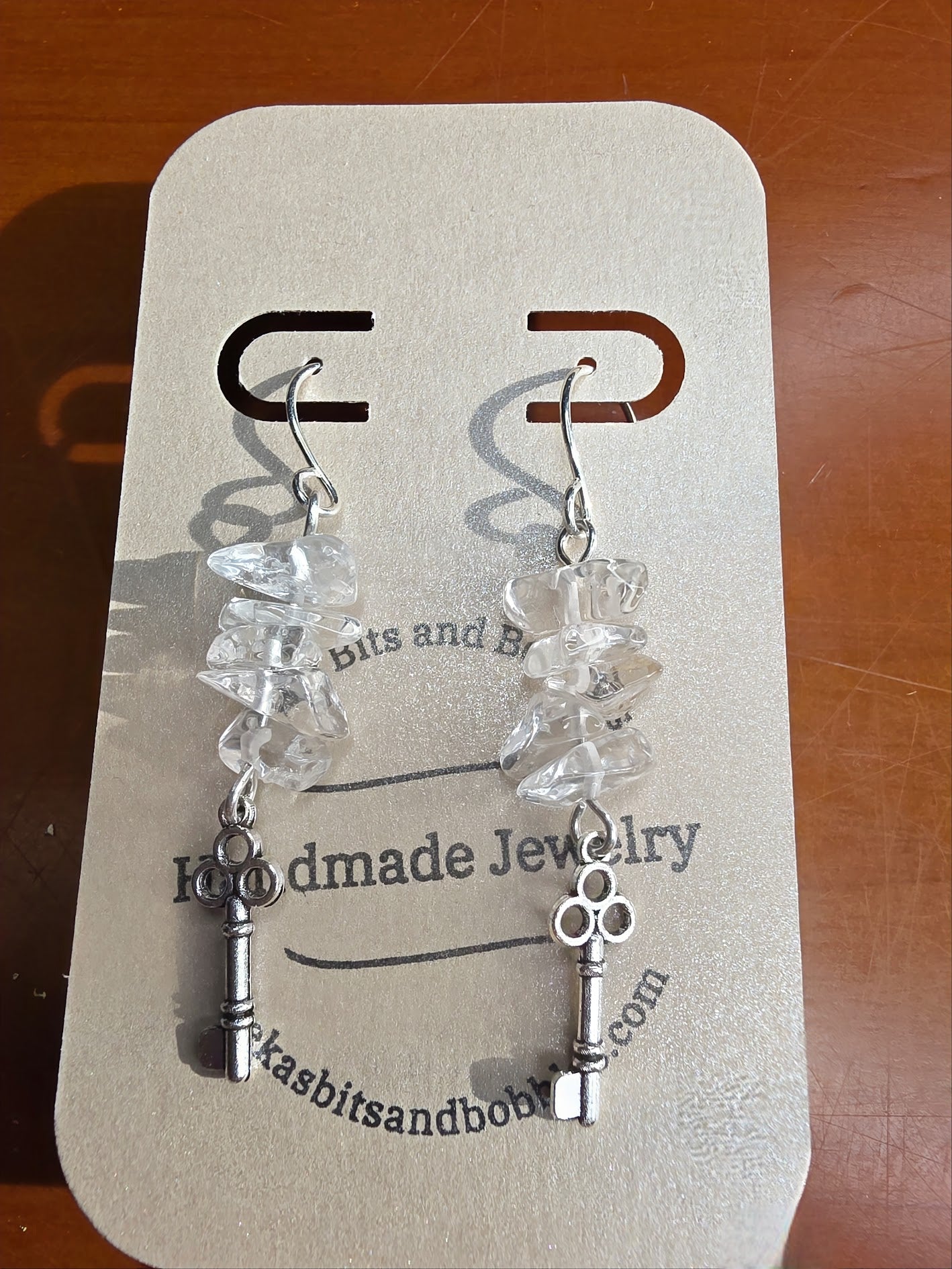 Clear Quartz Chip Earrings on Sterling Silver Wire with Key Charms