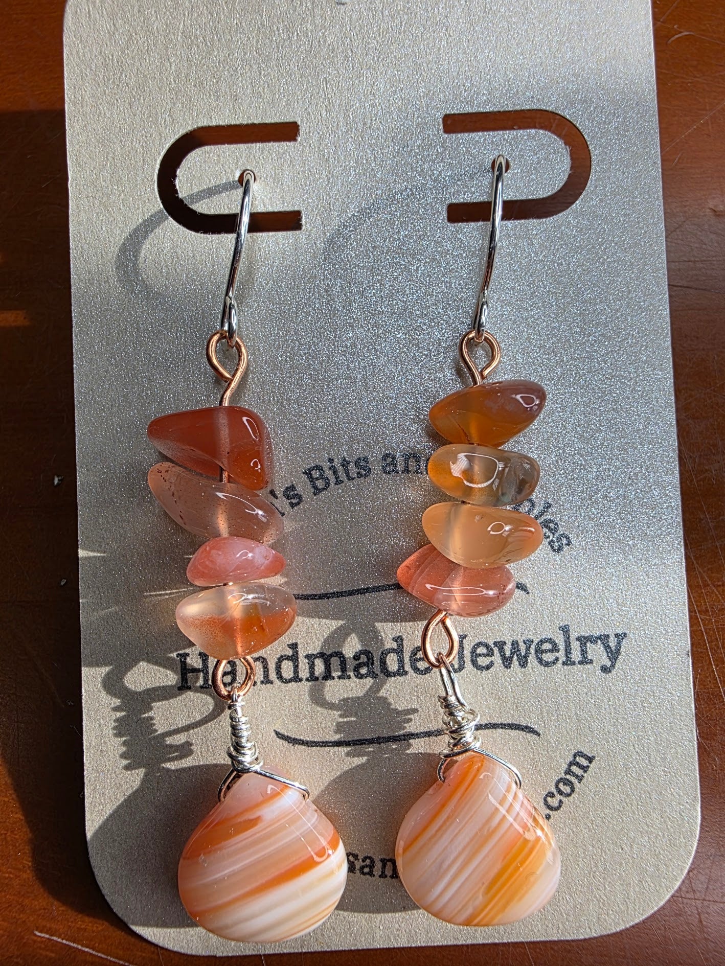 Copper and Sterling Silver Mixed Metal Banded Agate and Watermelon Quartz Earrings Zion National Park Inspired