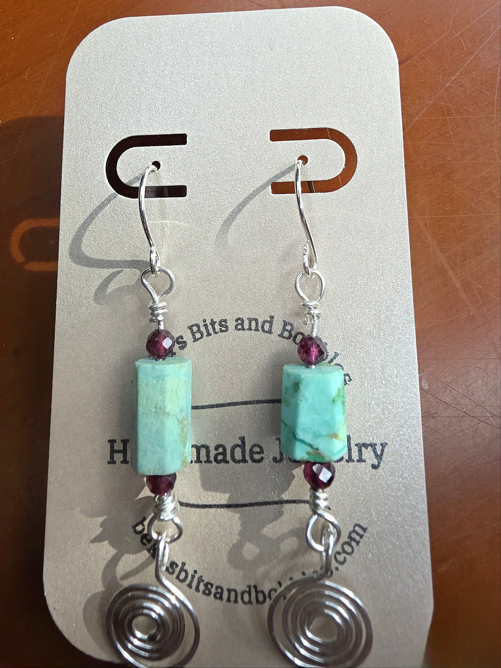 Rough Turquoise Sterling Silver Earrings with Tiny Garnet Accent Beads and Hammered Spiral