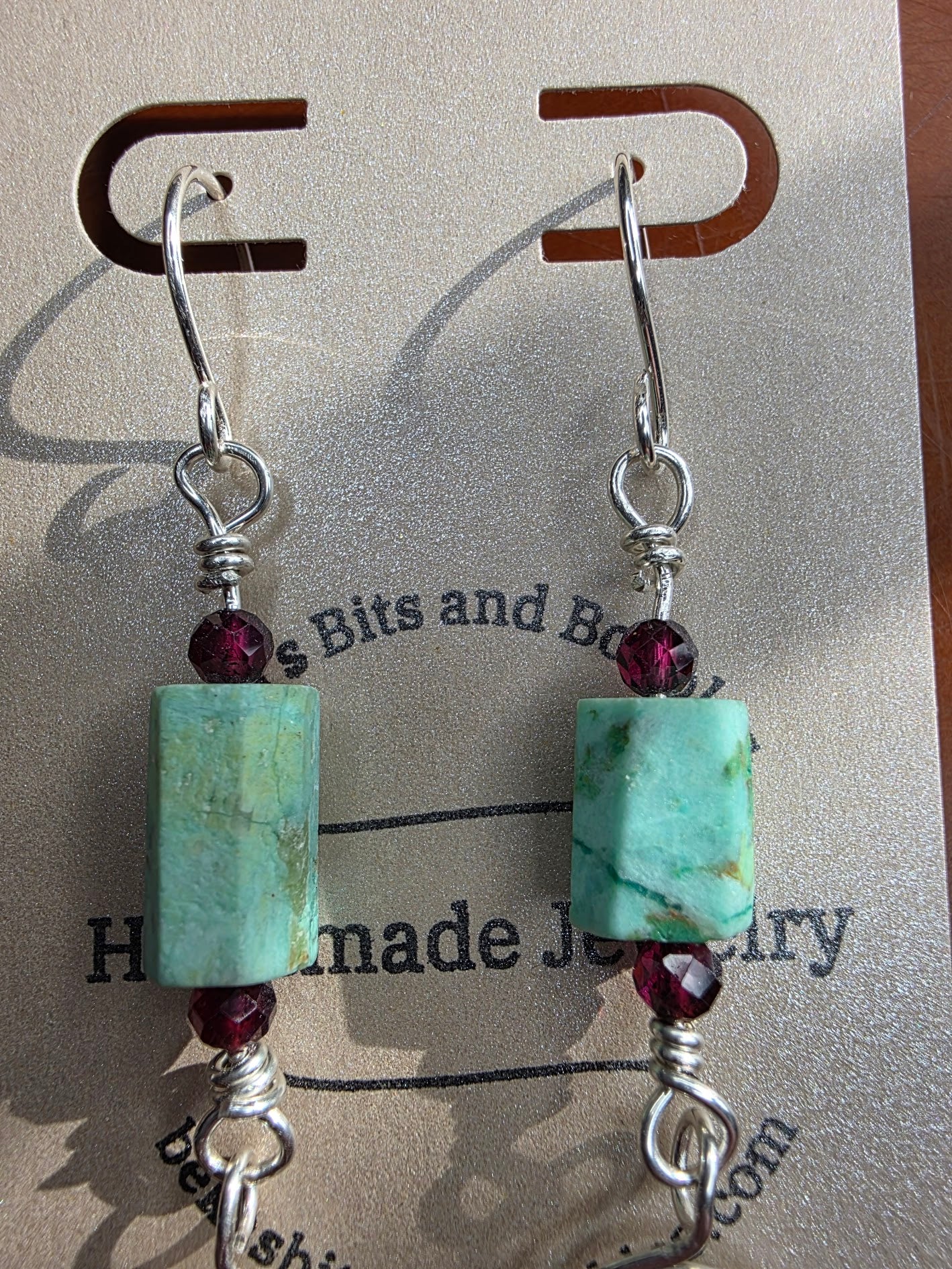 Rough Turquoise Sterling Silver Earrings with Tiny Garnet Accent Beads and Hammered Spiral