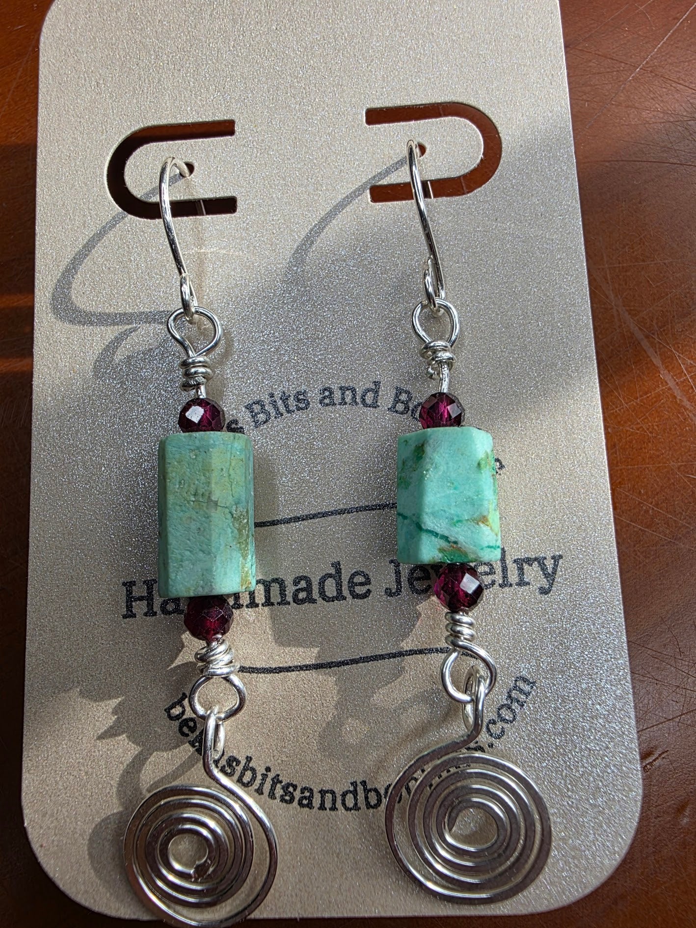 Rough Turquoise Sterling Silver Earrings with Tiny Garnet Accent Beads and Hammered Spiral