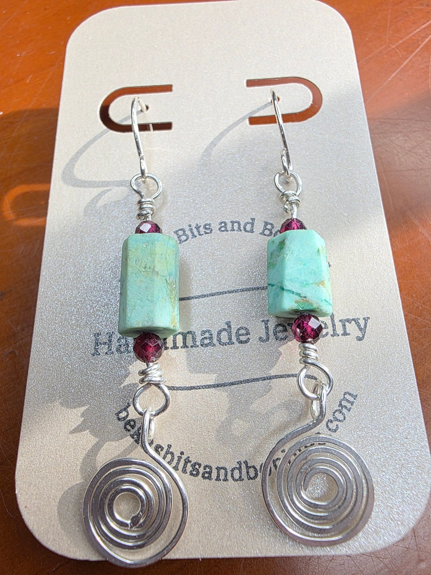 Rough Turquoise Sterling Silver Earrings with Tiny Garnet Accent Beads and Hammered Spiral