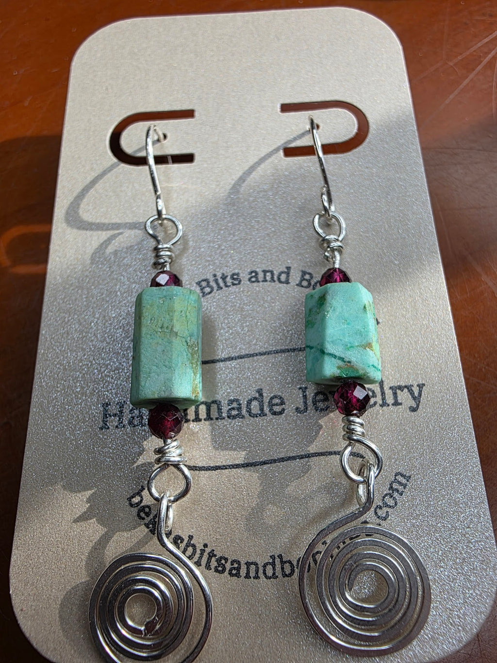 Rough Turquoise Sterling Silver Earrings with Tiny Garnet Accent Beads and Hammered Spiral