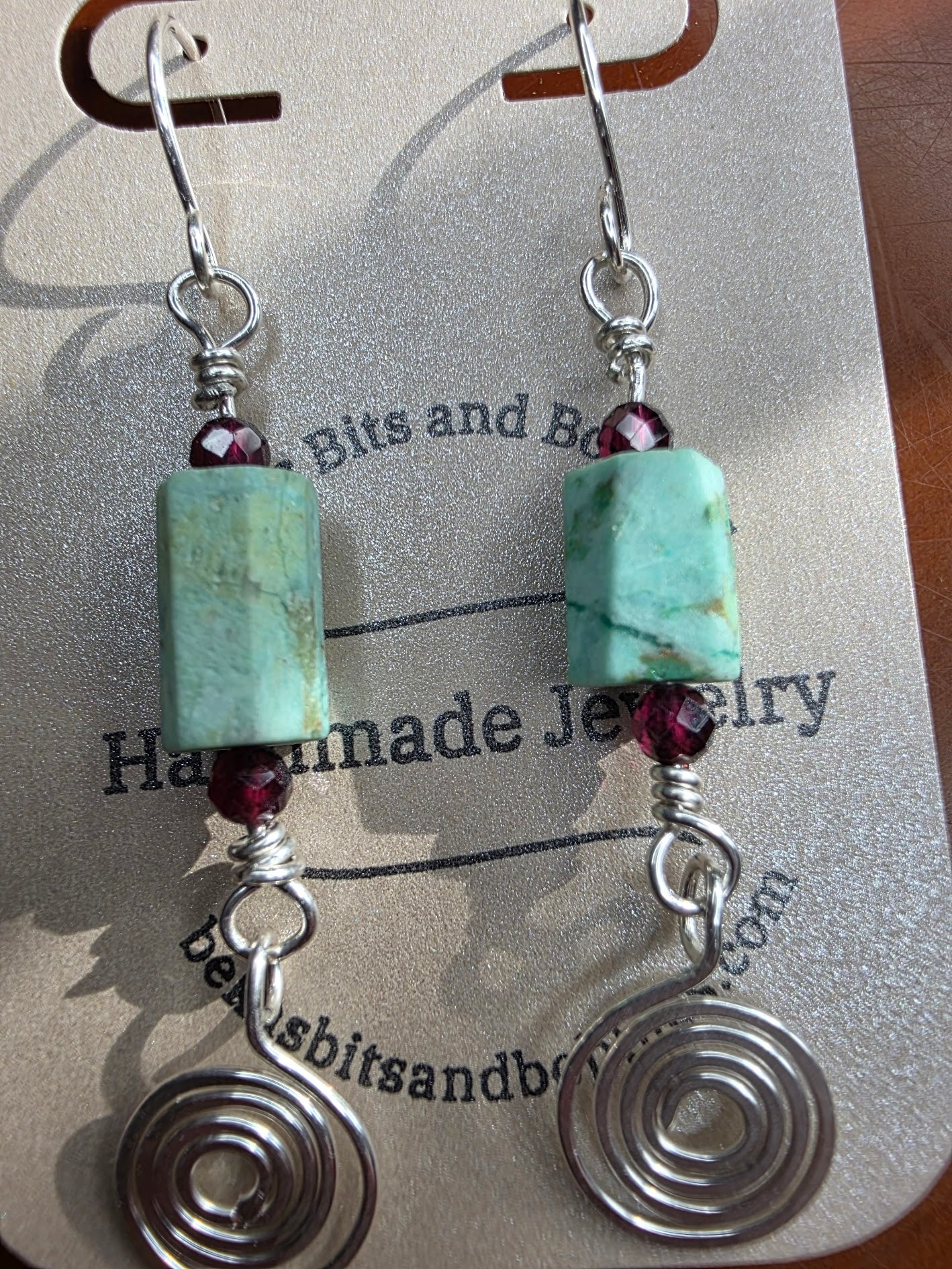 Rough Turquoise Sterling Silver Earrings with Tiny Garnet Accent Beads and Hammered Spiral