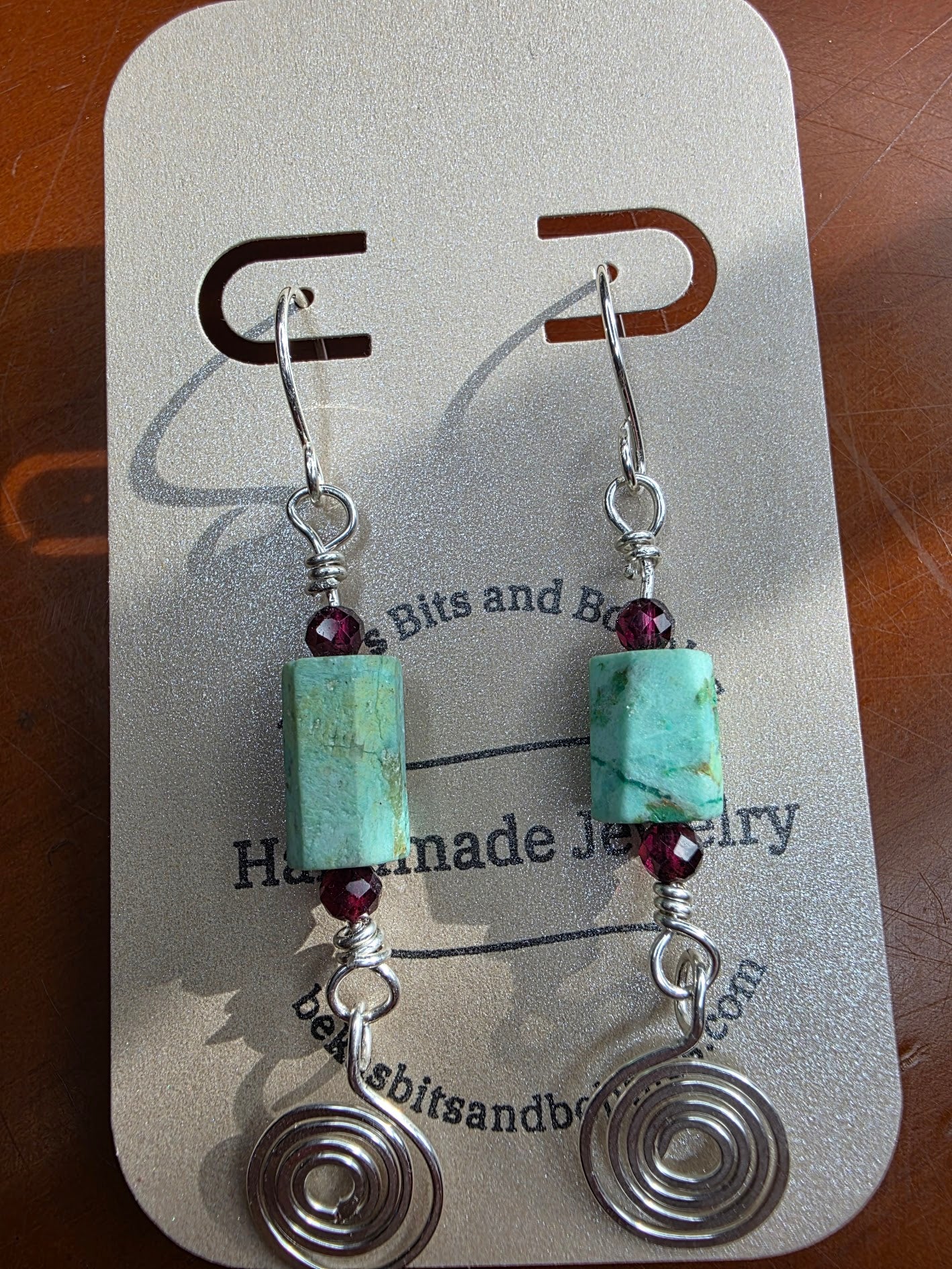Rough Turquoise Sterling Silver Earrings with Tiny Garnet Accent Beads and Hammered Spiral