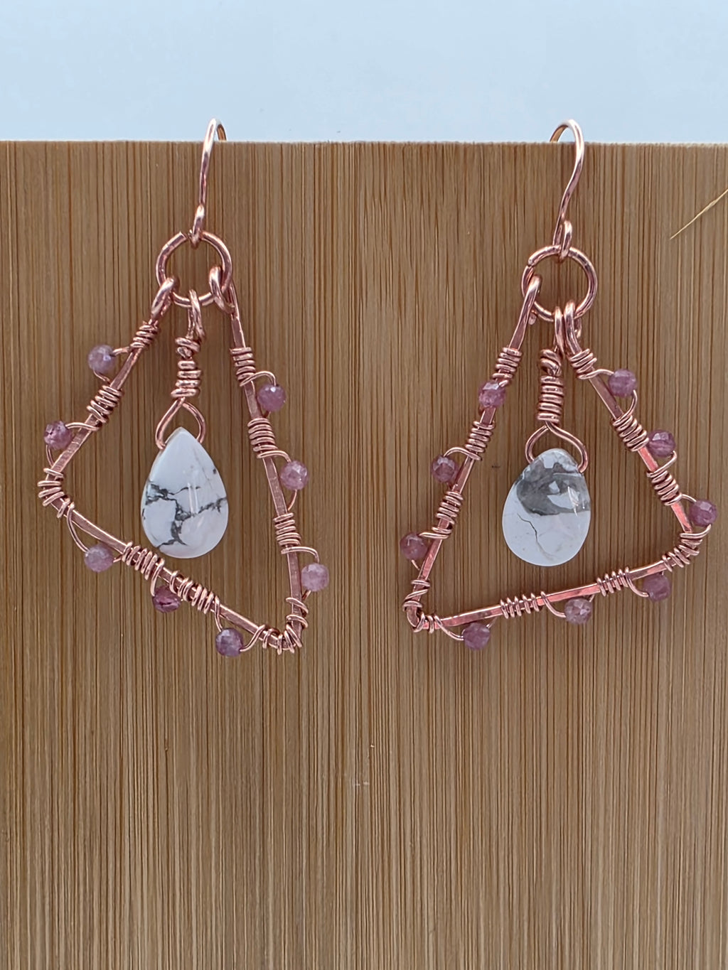 Wire Wrapped Copper Triangular Earrings with Howlite Teardrops and Pink Tourmaline