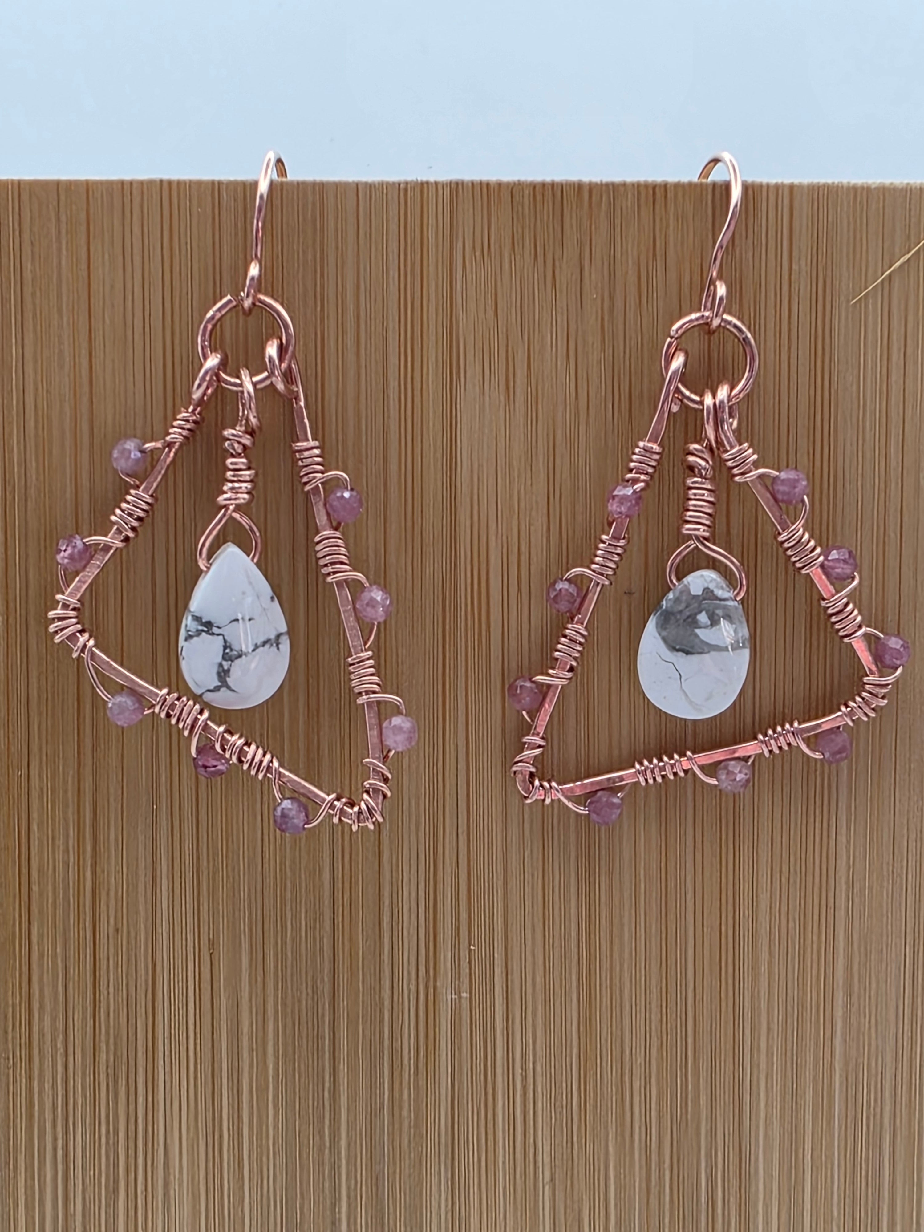 Wire Wrapped Copper Triangular Earrings with Howlite Teardrops and Pink Tourmaline