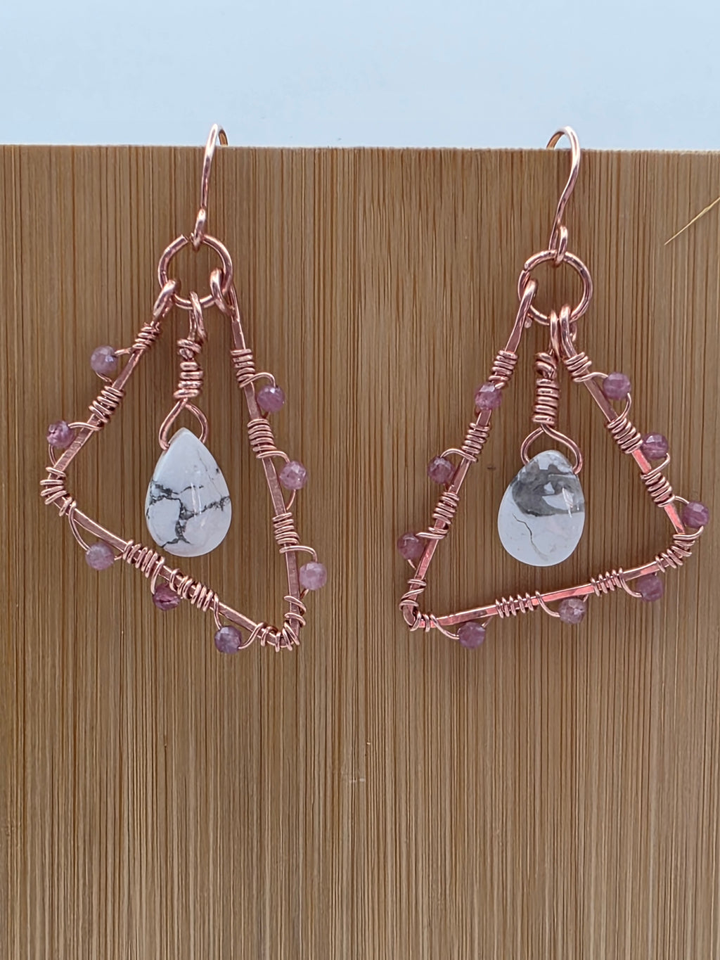 Wire Wrapped Copper Triangular Earrings with Howlite Teardrops and Pink Tourmaline