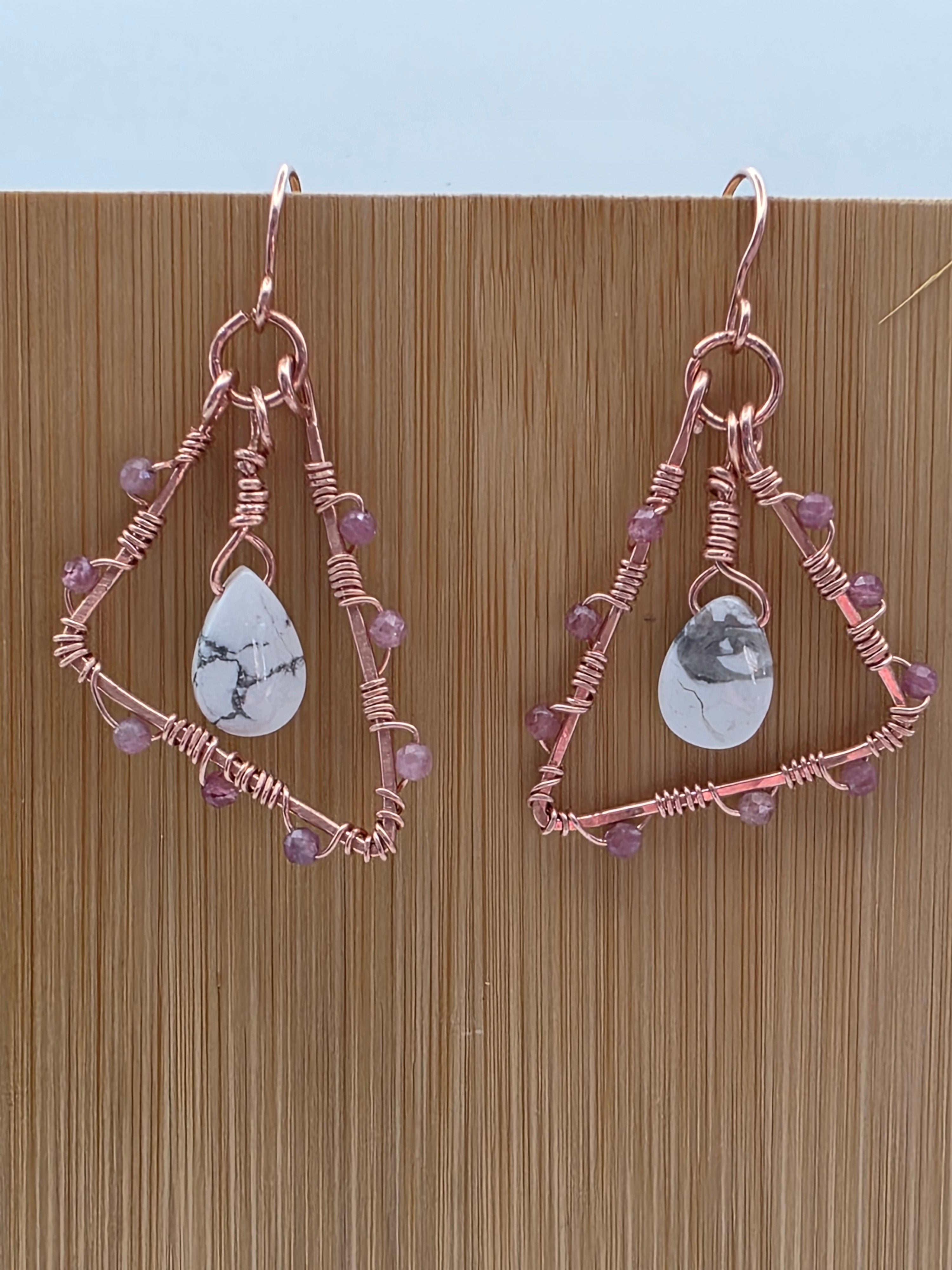 Wire Wrapped Copper Triangular Earrings with Howlite Teardrops and Pink Tourmaline