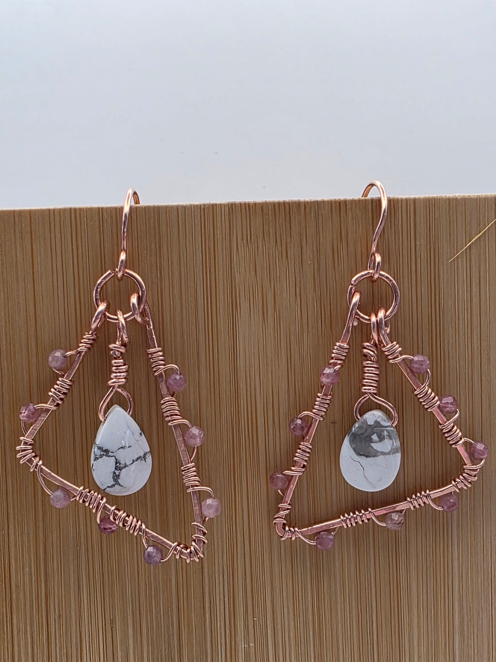 Wire Wrapped Copper Triangular Earrings with Howlite Teardrops and Pink Tourmaline