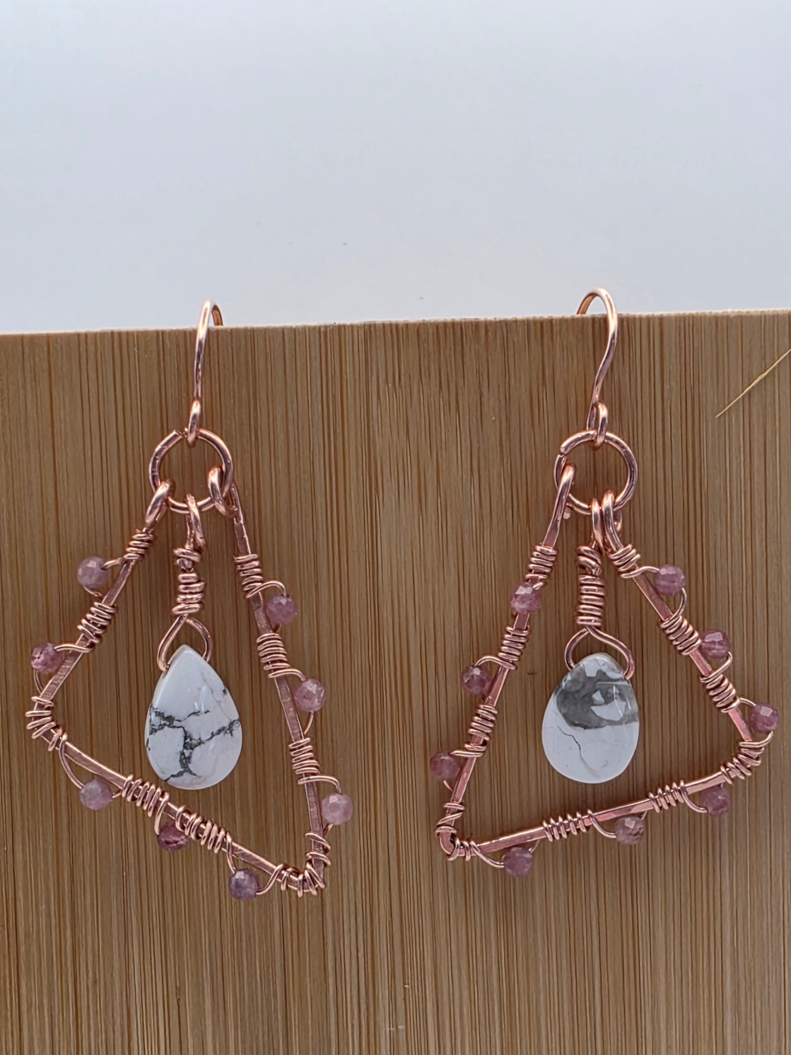 Wire Wrapped Copper Triangular Earrings with Howlite Teardrops and Pink Tourmaline