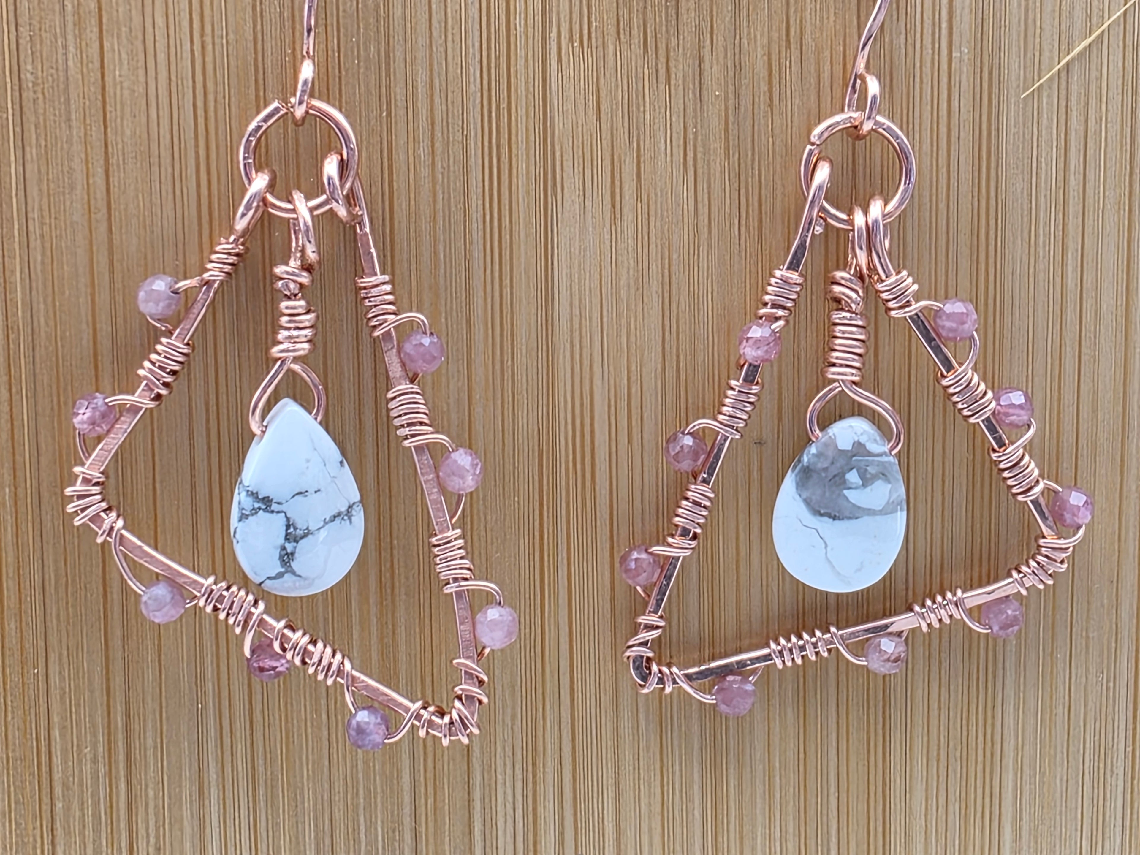 Wire Wrapped Copper Triangular Earrings with Howlite Teardrops and Pink Tourmaline