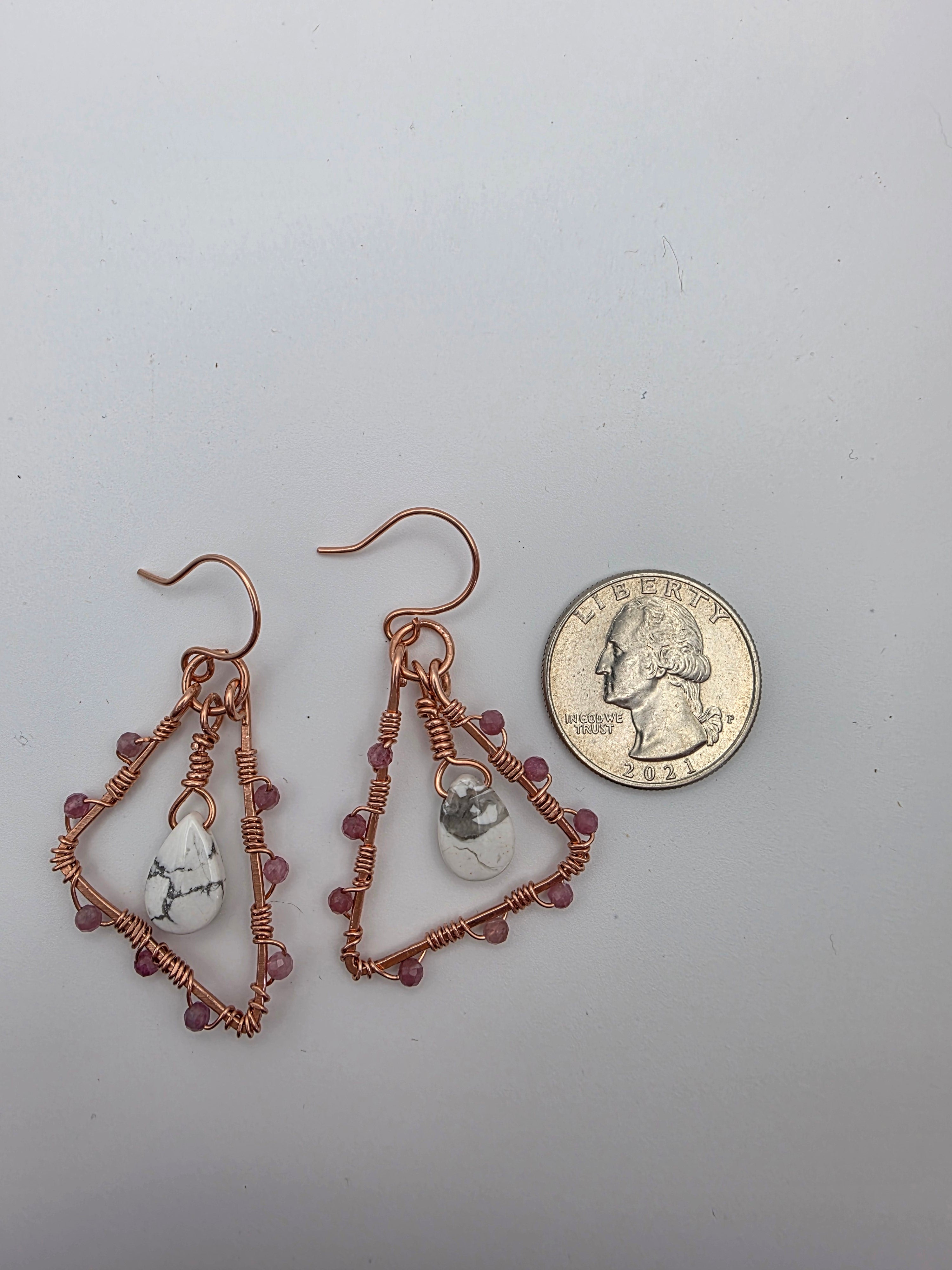Wire Wrapped Copper Triangular Earrings with Howlite Teardrops and Pink Tourmaline
