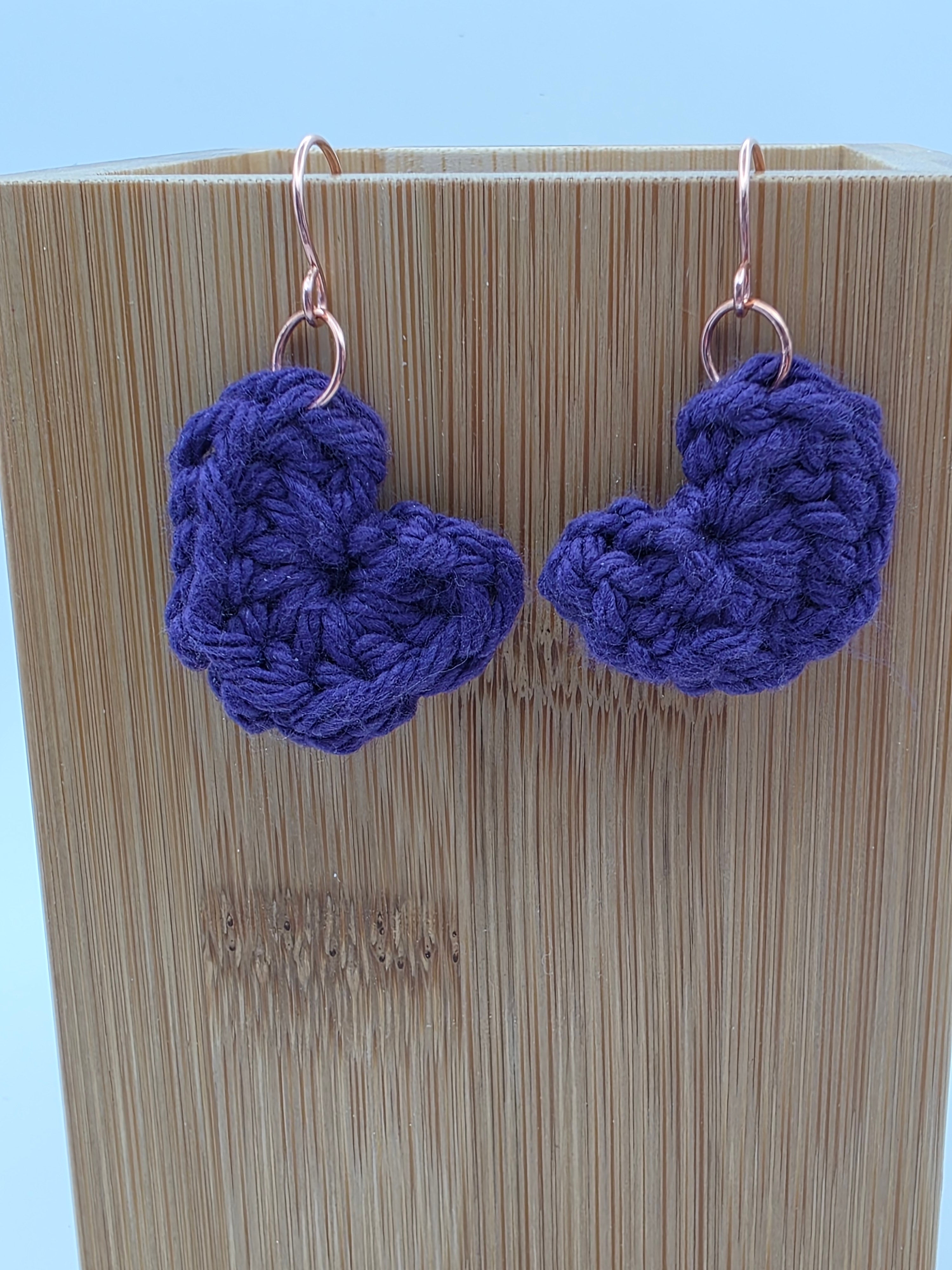 Upcycled Purple Cotton Yarn Heart Earrings on Sterling Silver Hooks - Perfect for Valentine's Day!