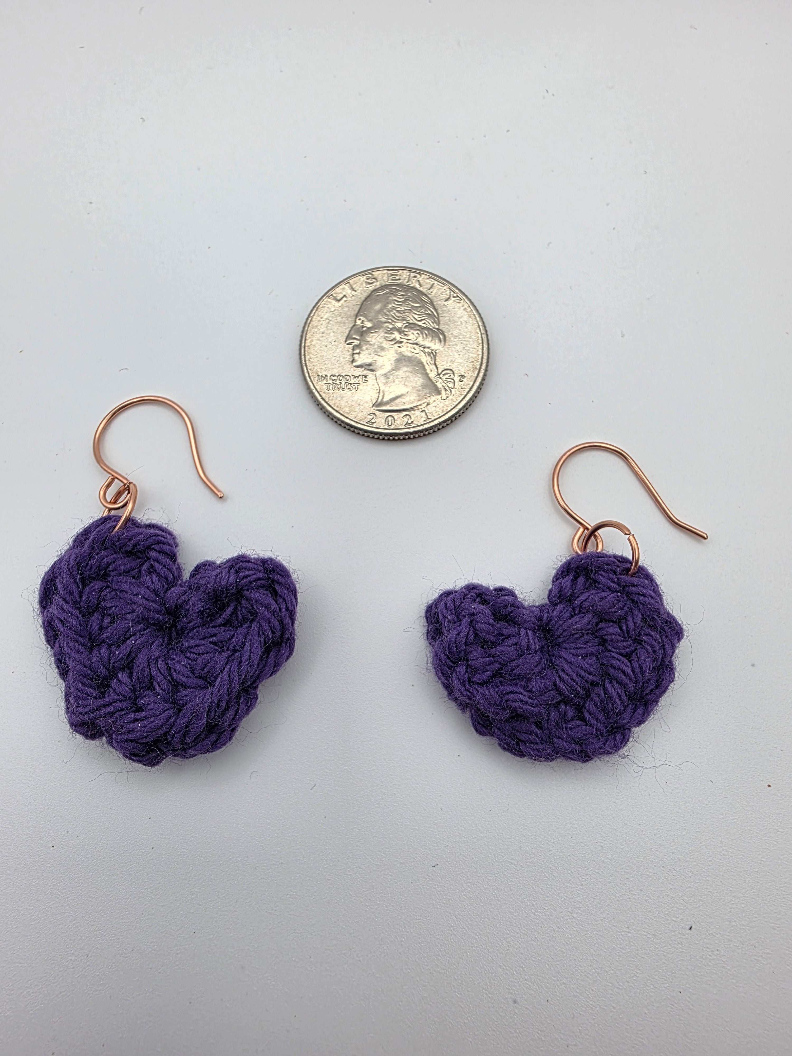 Upcycled Purple Cotton Yarn Heart Earrings on Sterling Silver Hooks - Perfect for Valentine's Day!