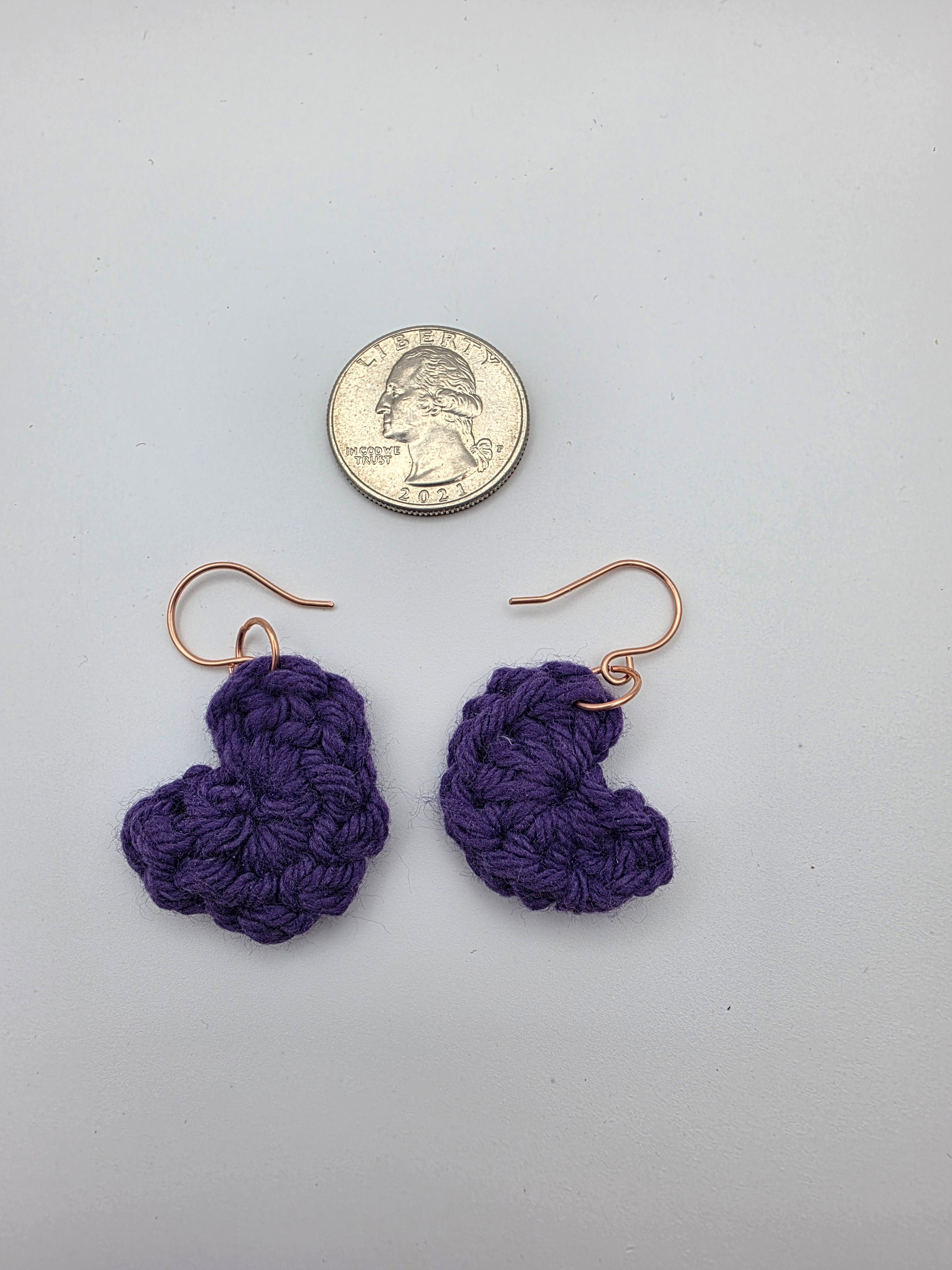 Upcycled Purple Cotton Yarn Heart Earrings on Sterling Silver Hooks - Perfect for Valentine's Day!