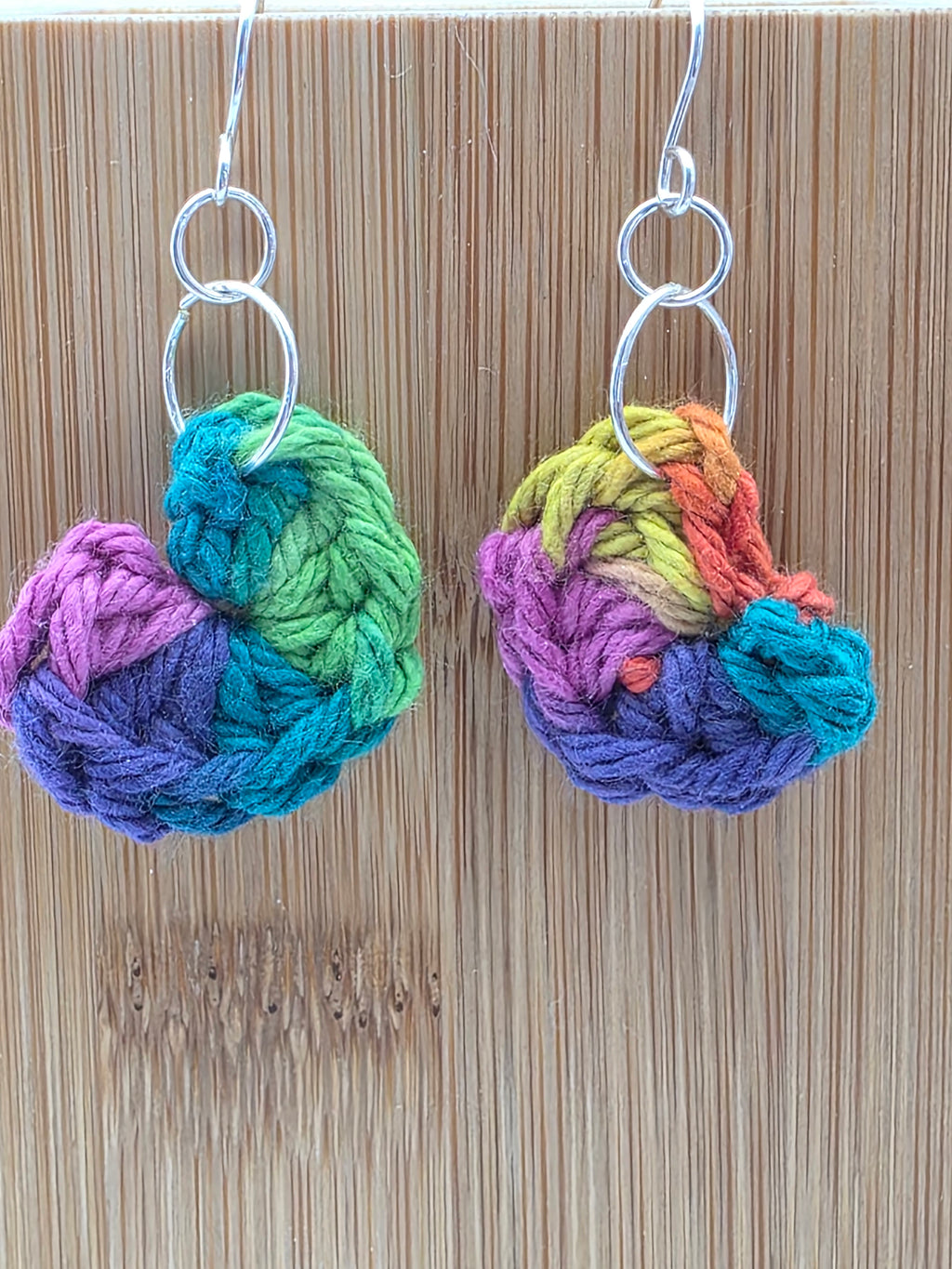 Upcycled Rainbow Cotton Yarn Heart Earrings on Sterling Silver Hooks - Perfect for Valentine's Day!