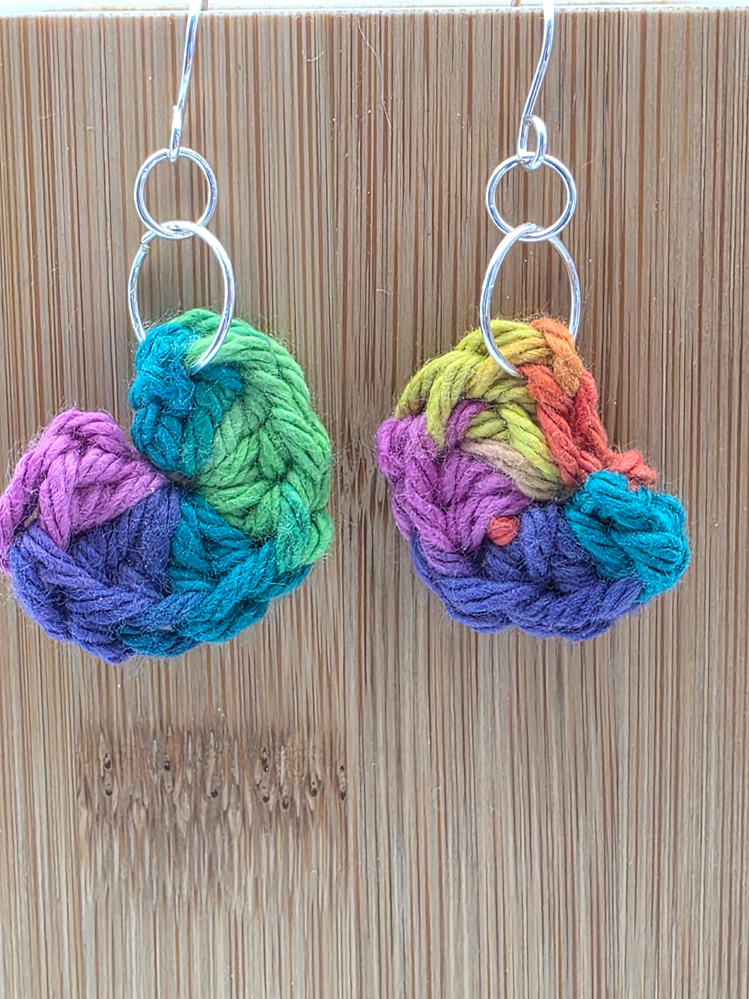 Upcycled Rainbow Cotton Yarn Heart Earrings on Sterling Silver Hooks - Perfect for Valentine's Day!