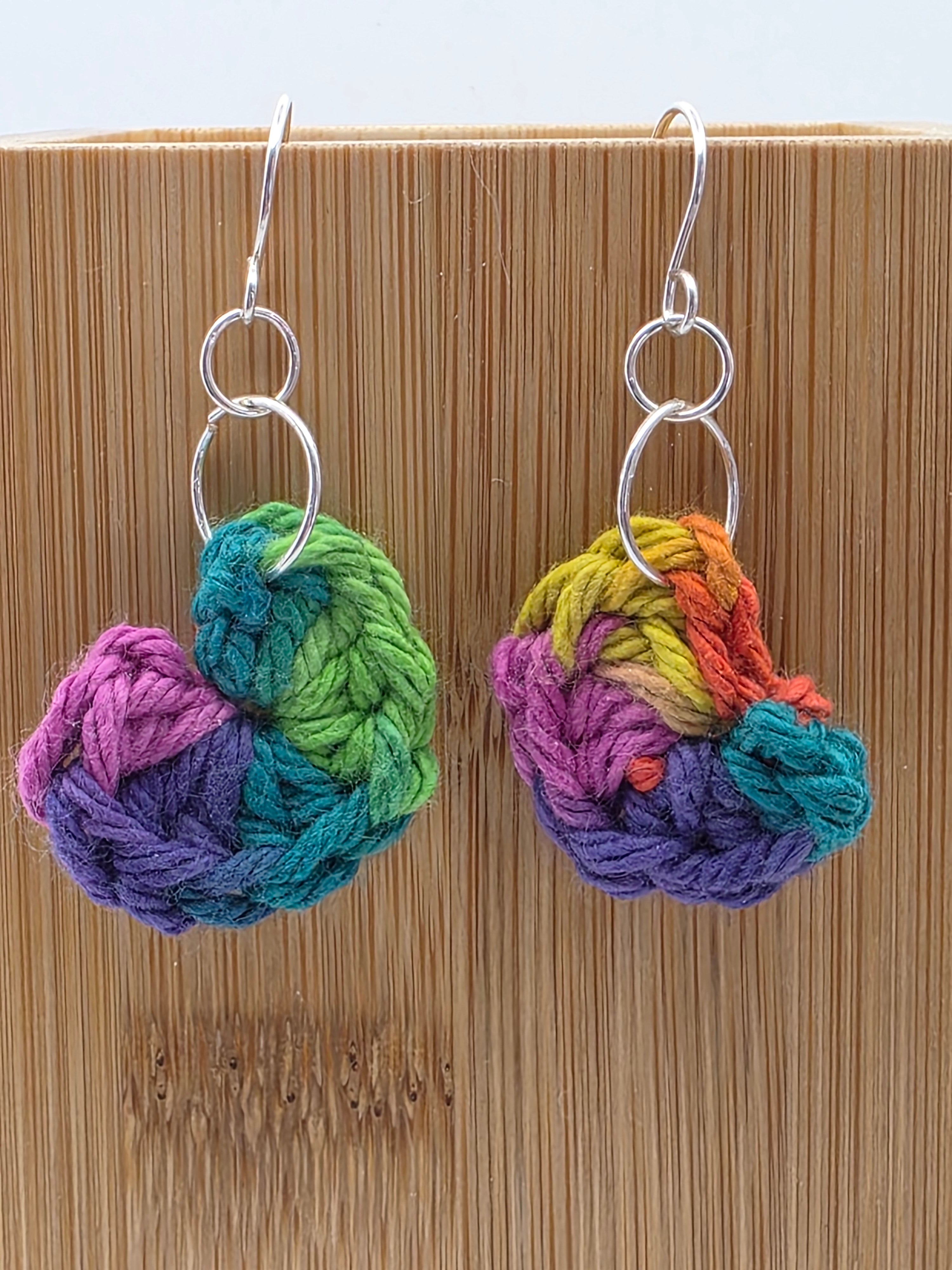 Upcycled Rainbow Cotton Yarn Heart Earrings on Sterling Silver Hooks - Perfect for Valentine's Day!