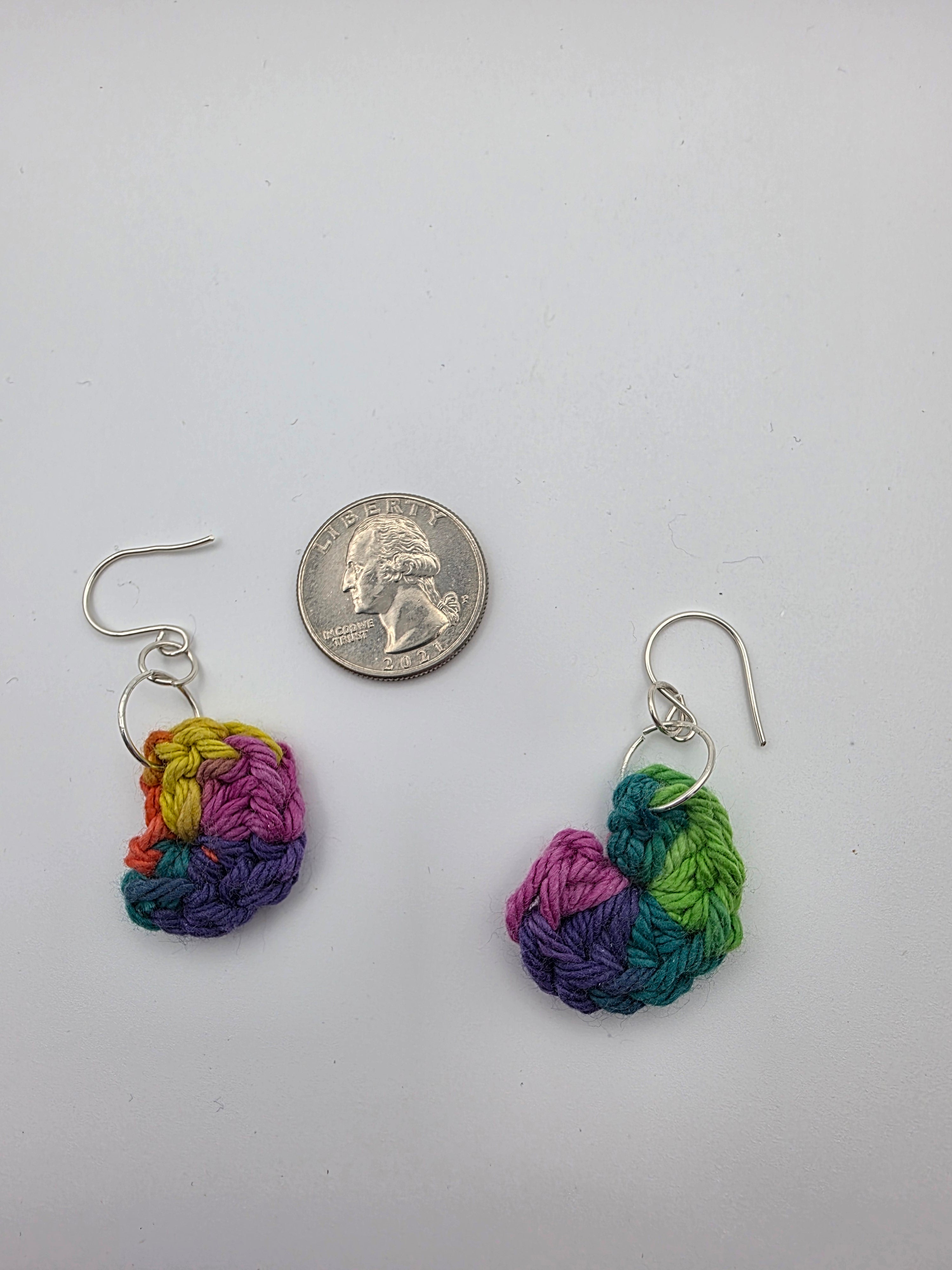 Upcycled Rainbow Cotton Yarn Heart Earrings on Sterling Silver Hooks - Perfect for Valentine's Day!
