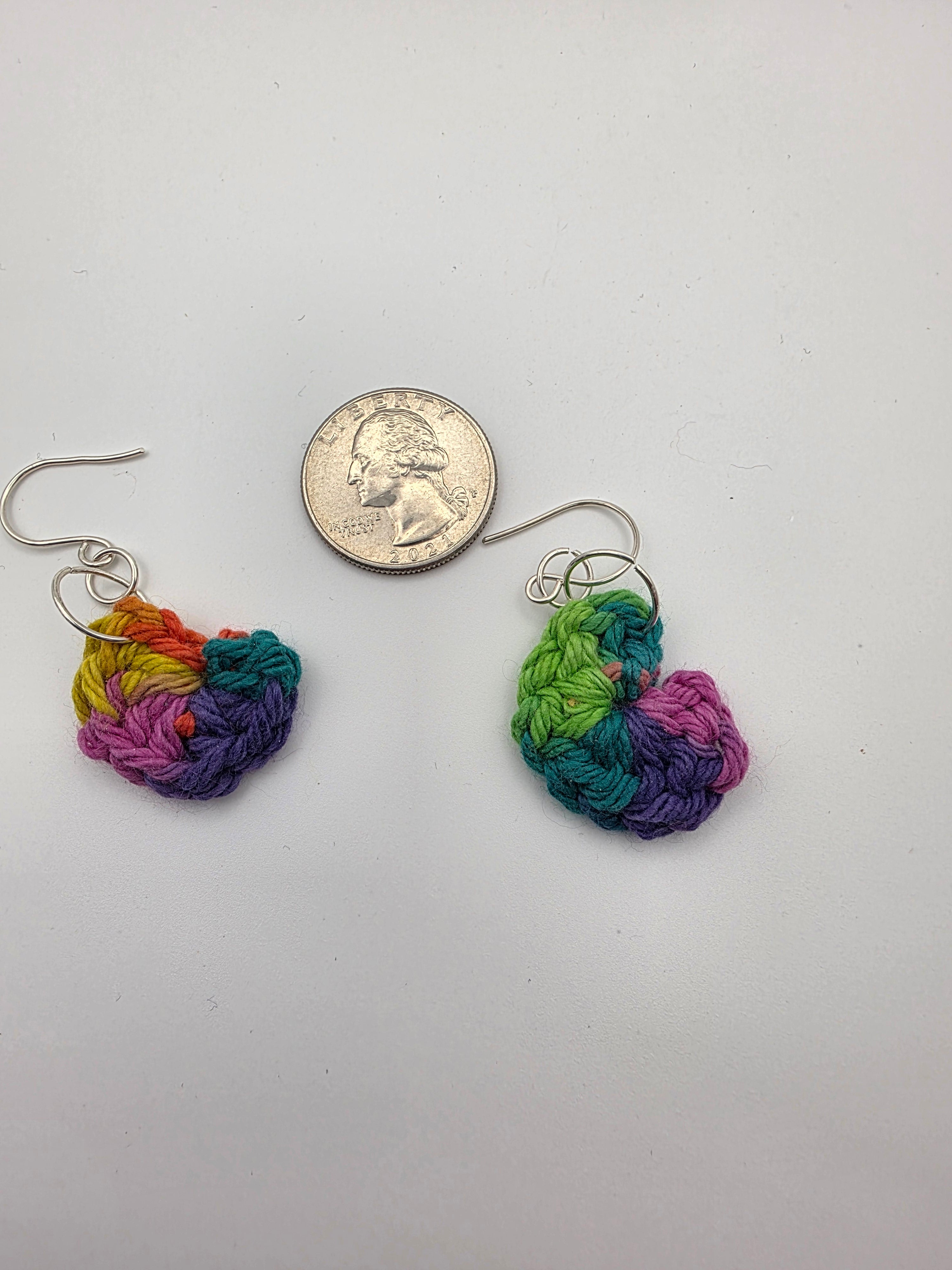 Upcycled Rainbow Cotton Yarn Heart Earrings on Sterling Silver Hooks - Perfect for Valentine's Day!