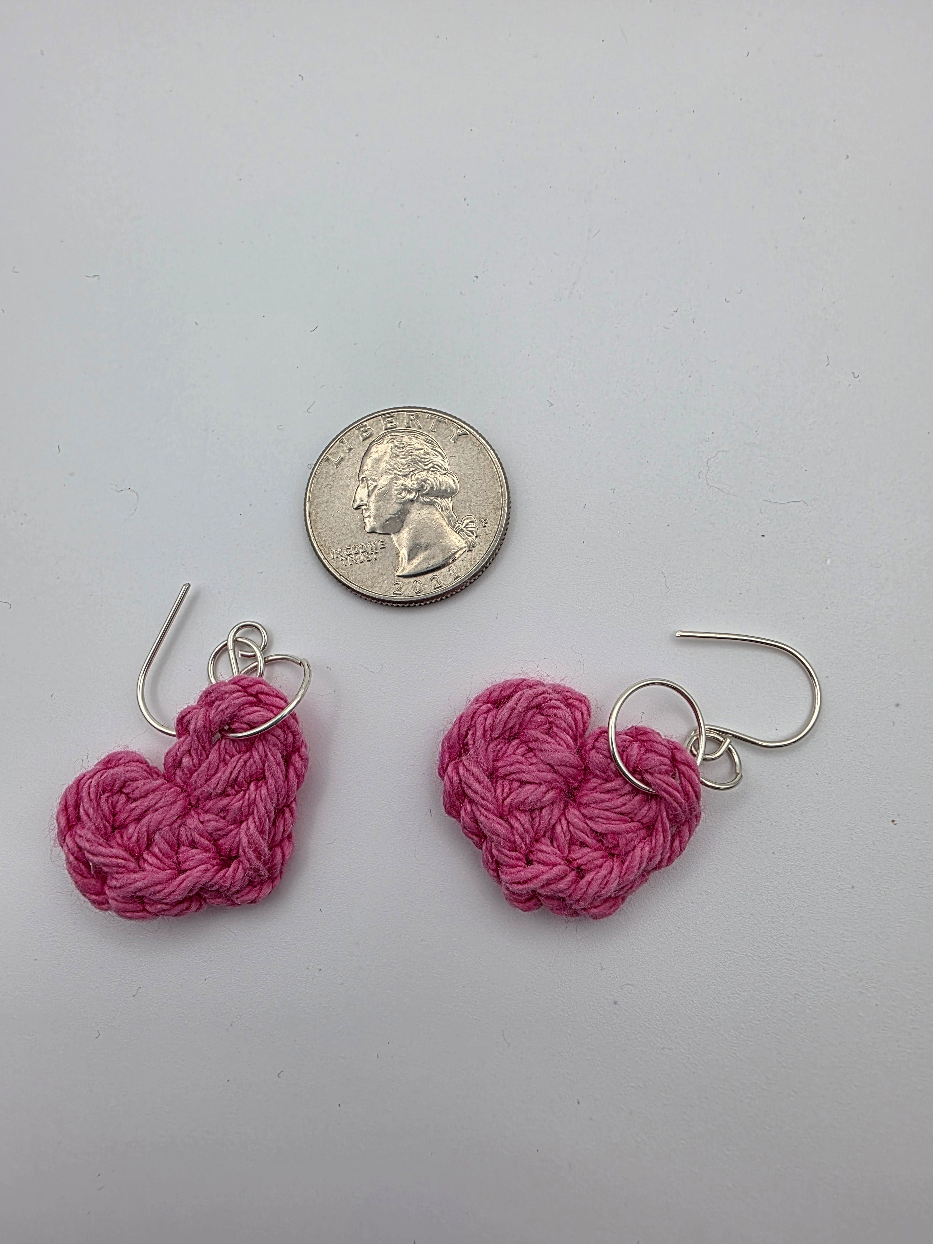 Upcycled Pink Cotton Yarn Heart Earrings on Sterling Silver Hooks
